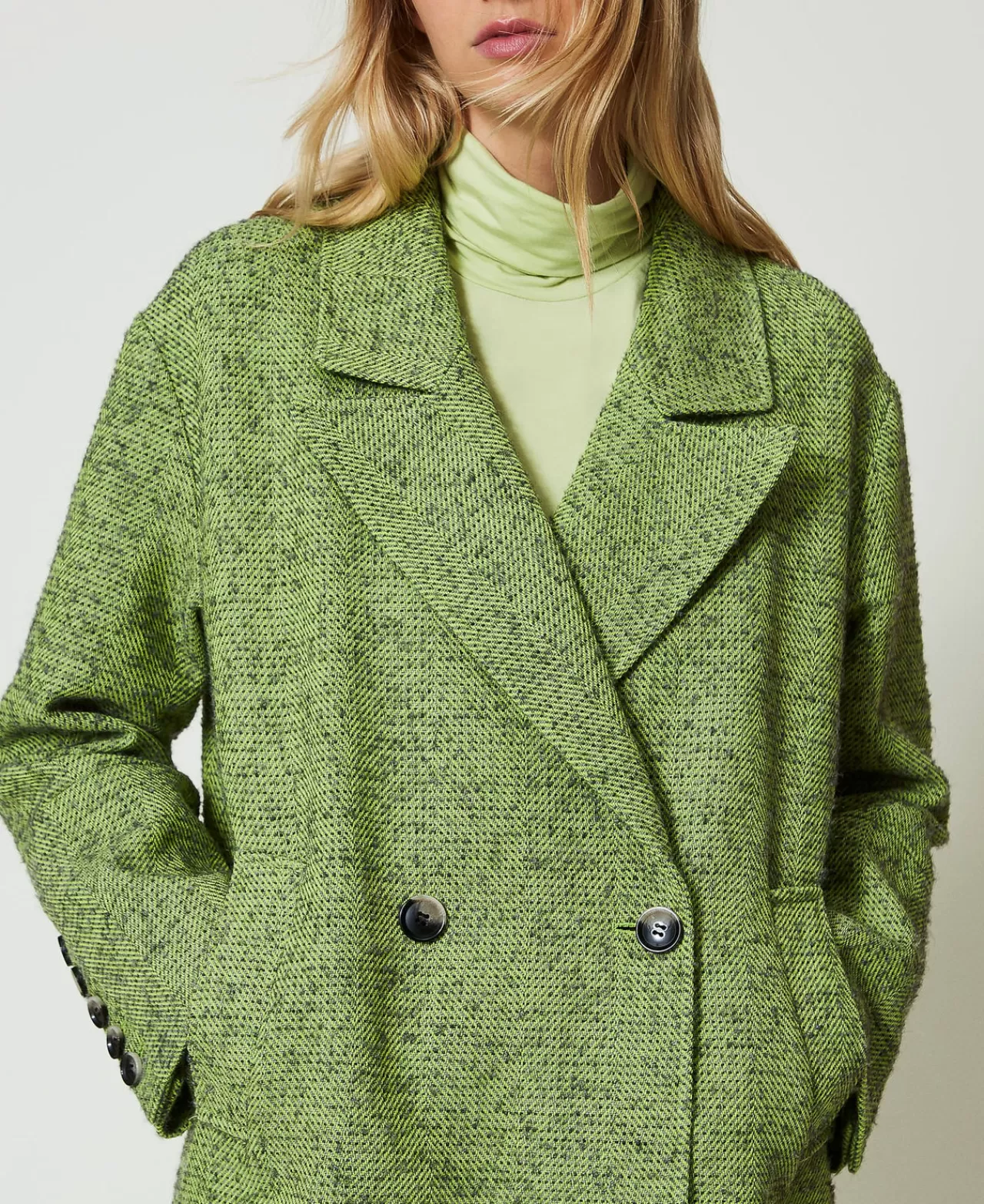 Cappotti E Trench | TWINSET Milano Cappotto Corto Spinato Bicolore Bicolor Verde "Soft Lime" / Grigio Melange Medio