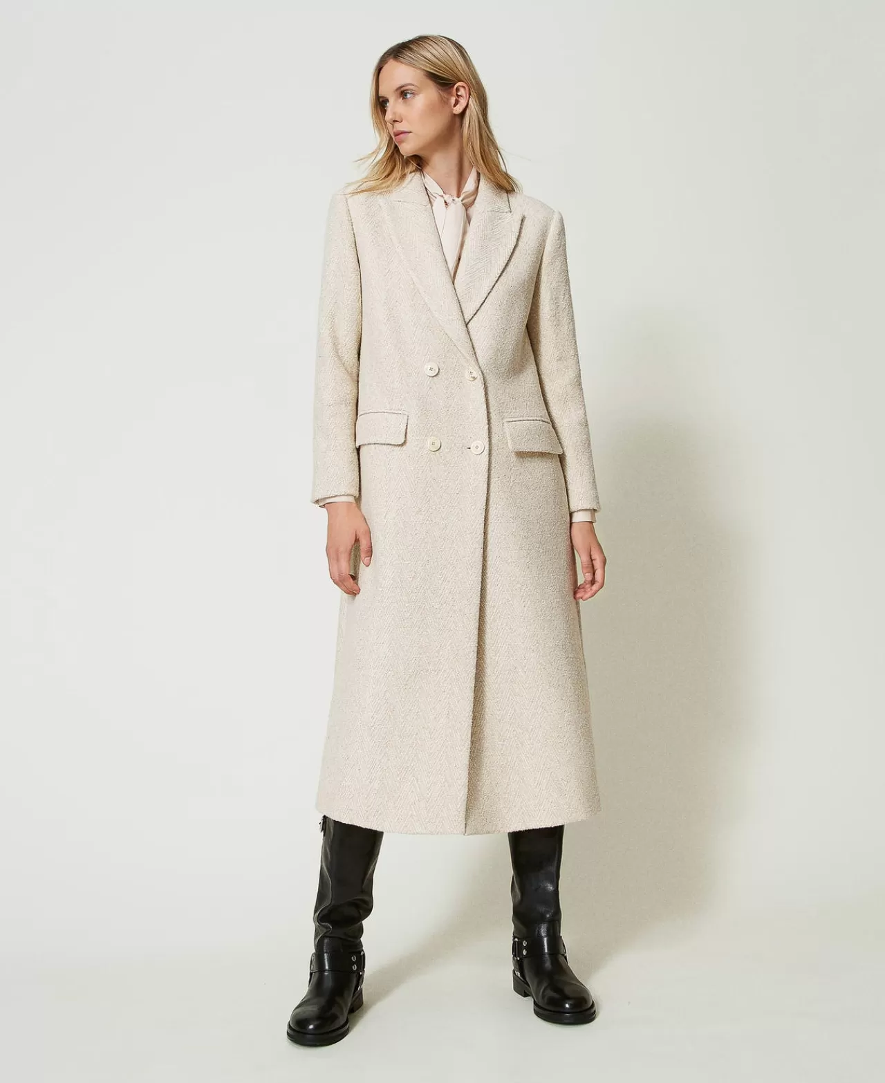 Cappotti E Trench | TWINSET Milano Cappotto Doppiopetto In Herringbone Misto Lana Spina Neve / Oro