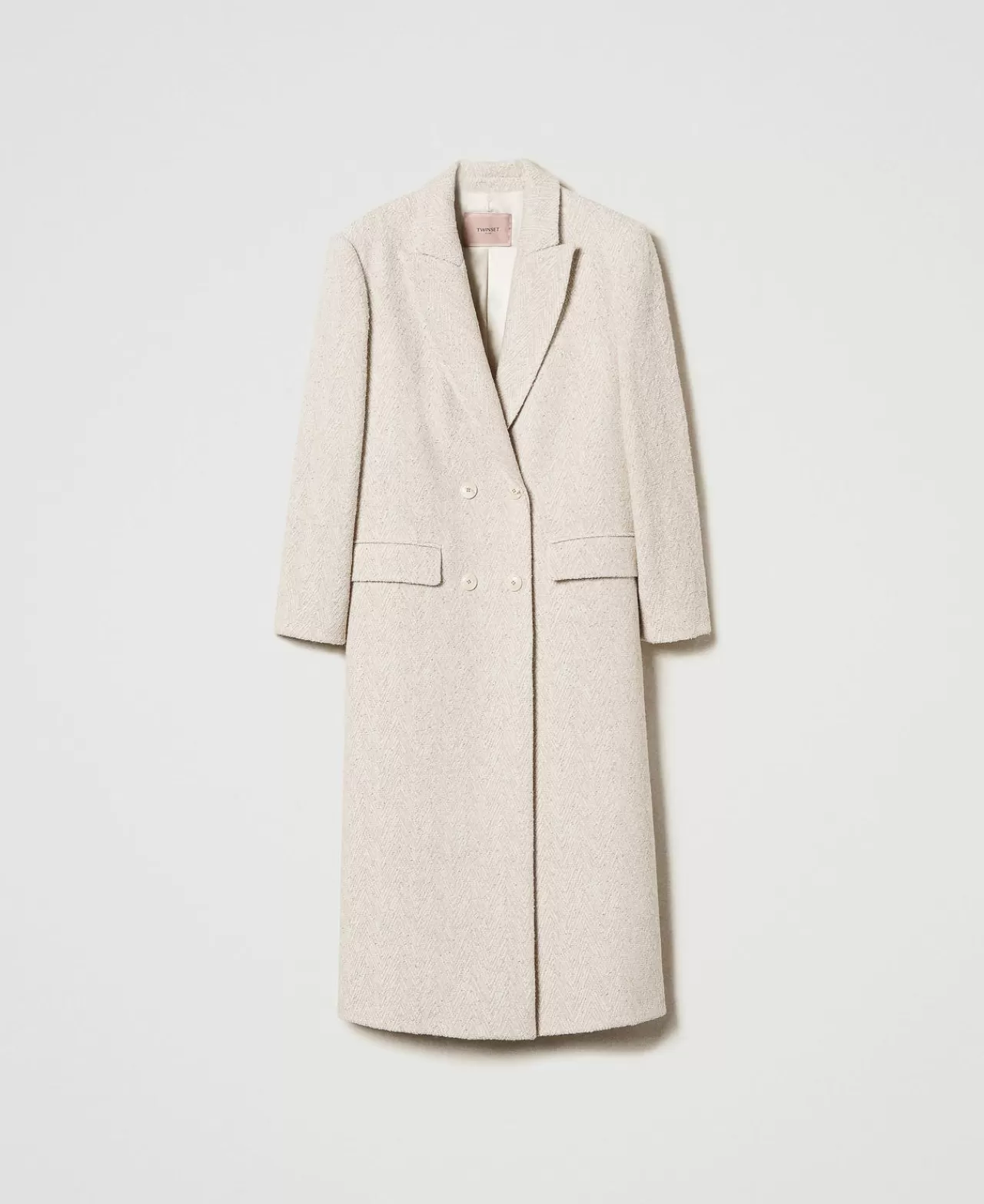 Cappotti E Trench | TWINSET Milano Cappotto Doppiopetto In Herringbone Misto Lana Spina Neve / Oro