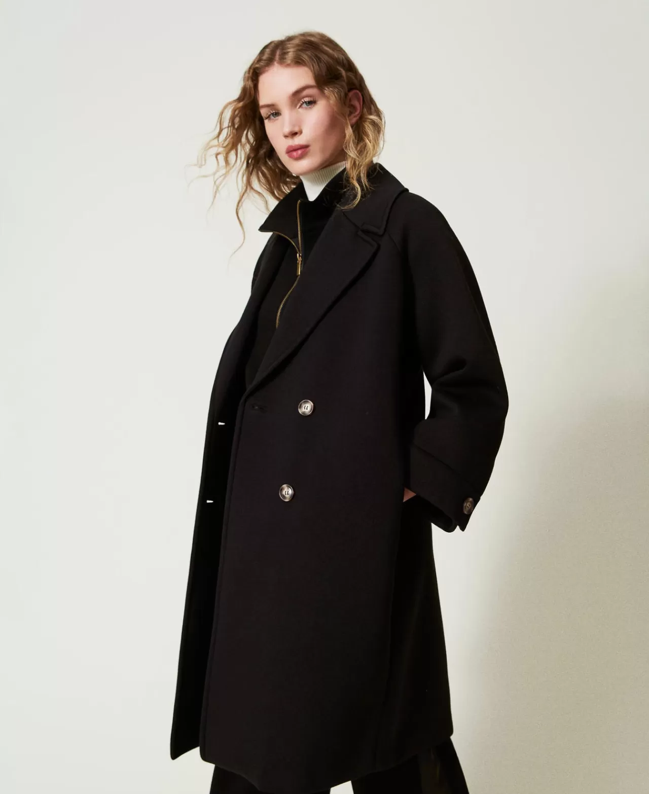 Cappotti E Trench | TWINSET Milano Cappotto Doppiopetto In Tessuto Scuba Nero