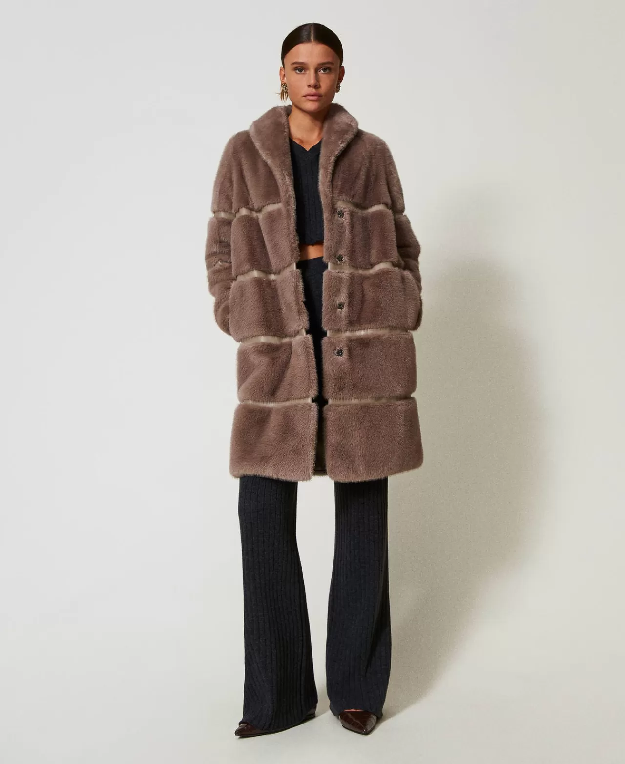 Cappotti E Trench | TWINSET Milano Cappotto In Faux Fur Con Intarsi Dark Taupe