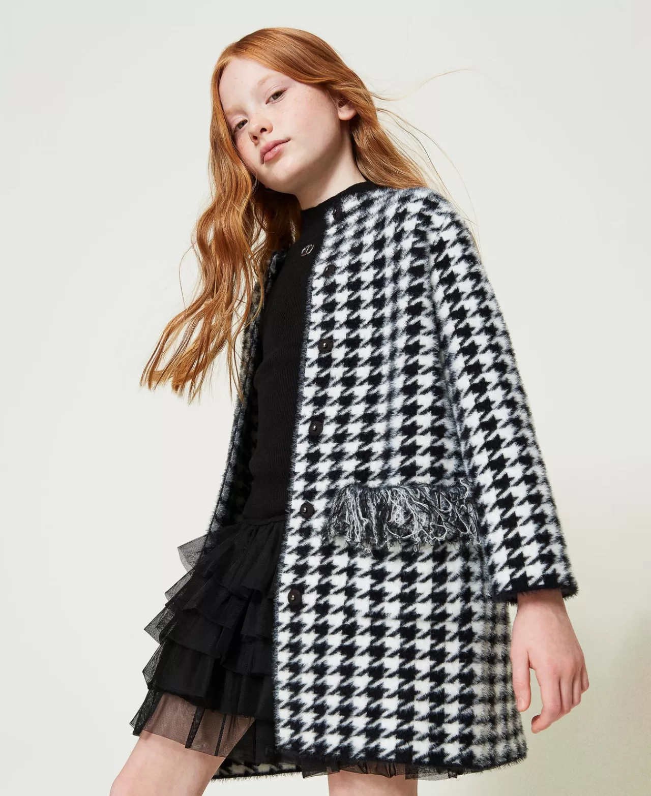 Giacche E Capispalla | TWINSET Milano Cappotto In Maglia Jacquard Pied De Poule Bicolor Nero / Off White