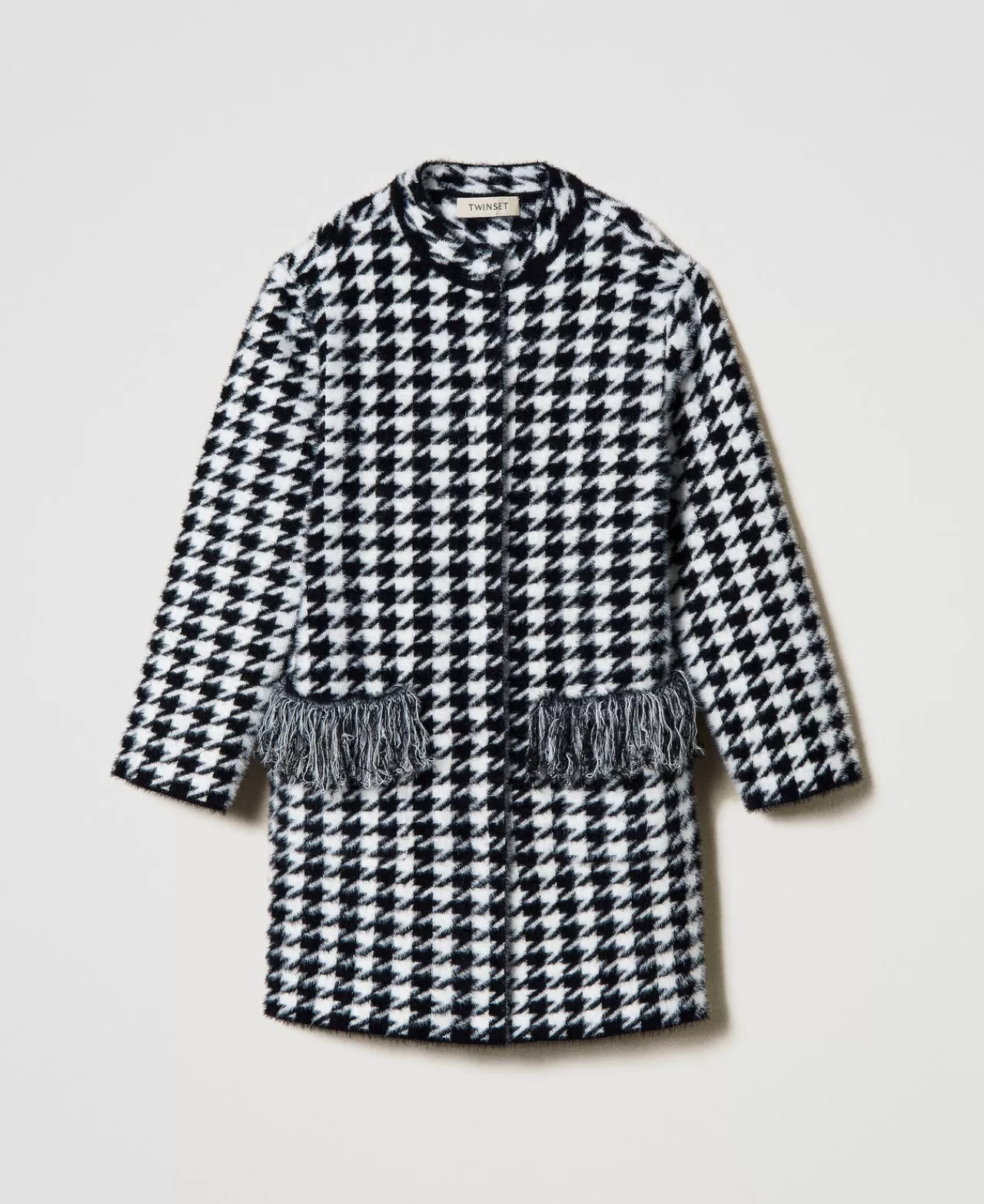 Giacche E Capispalla | TWINSET Milano Cappotto In Maglia Jacquard Pied De Poule Bicolor Nero / Off White