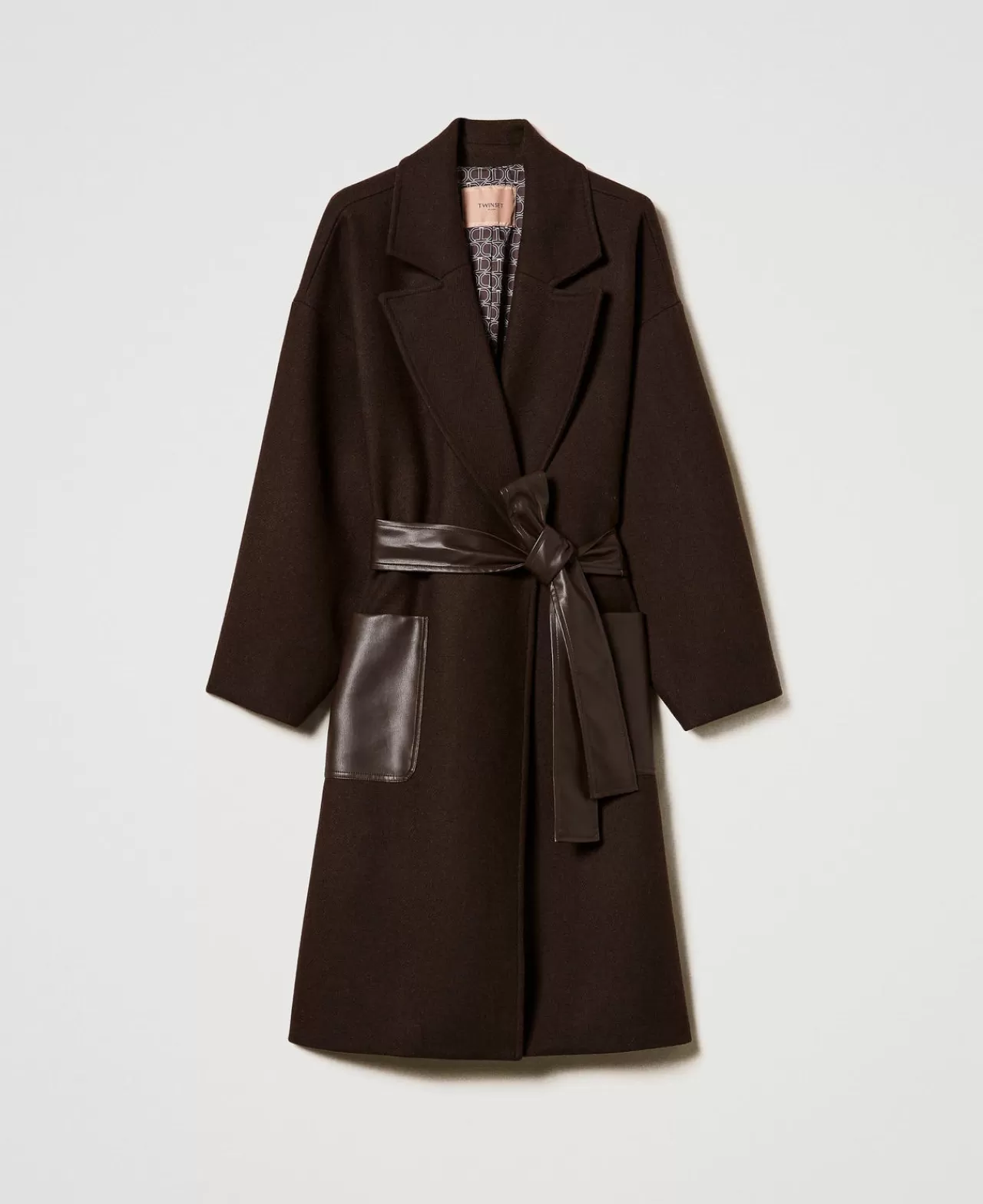 Cappotti E Trench | TWINSET Milano Cappotto In Misto Lana Con Tasche Effetto Pelle Cioccolato