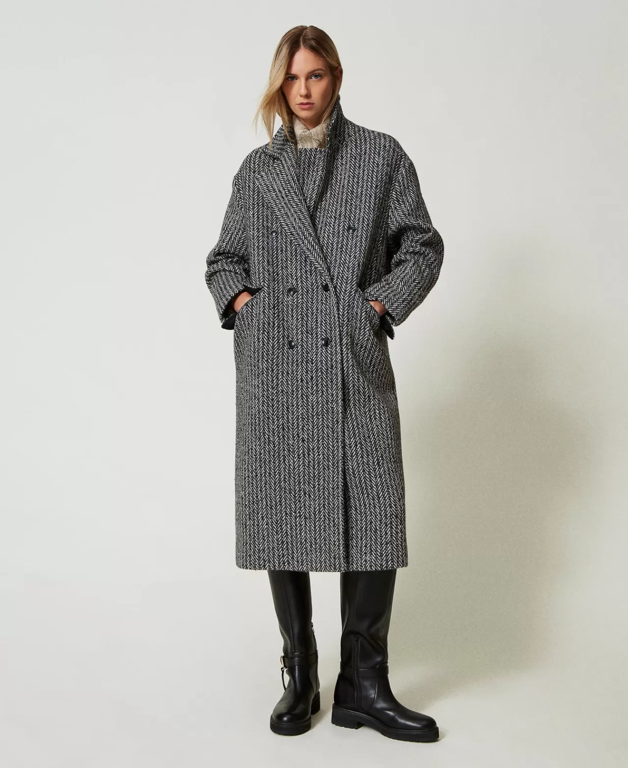 Cappotti E Trench | TWINSET Milano Cappotto In Misto Lana Gessato Riga Sale Pepe Neve / Nero