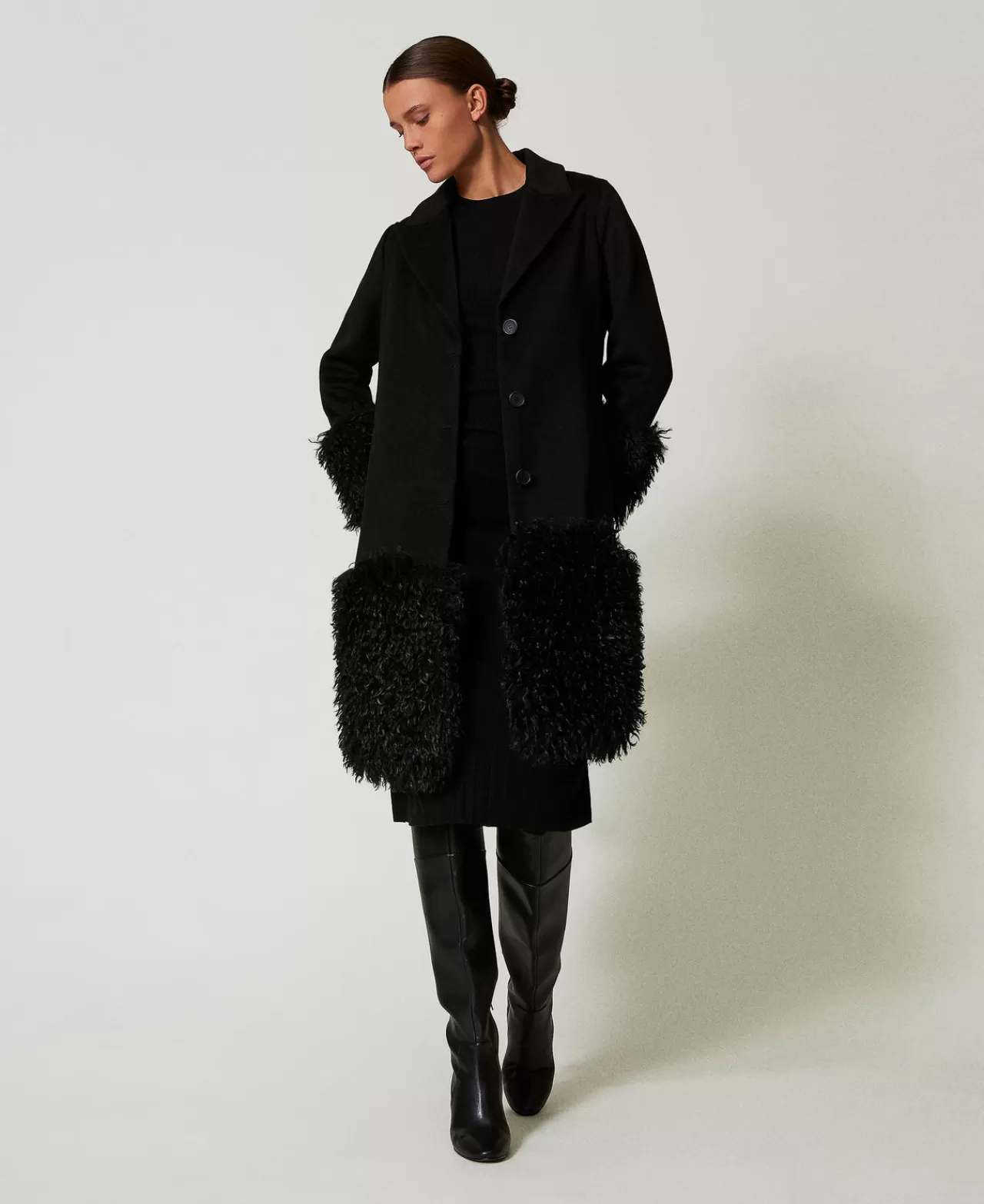 Cappotti E Trench | TWINSET Milano Cappotto In Panno Di Misto Lana E Faux Fur Nero