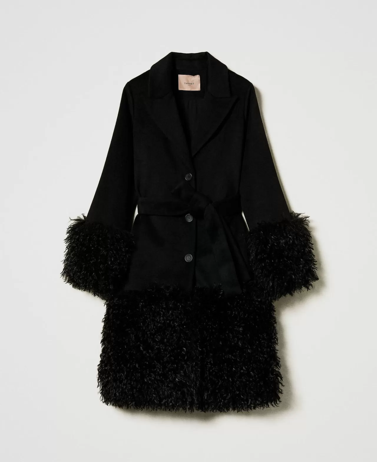 Cappotti E Trench | TWINSET Milano Cappotto In Panno Di Misto Lana E Faux Fur Nero