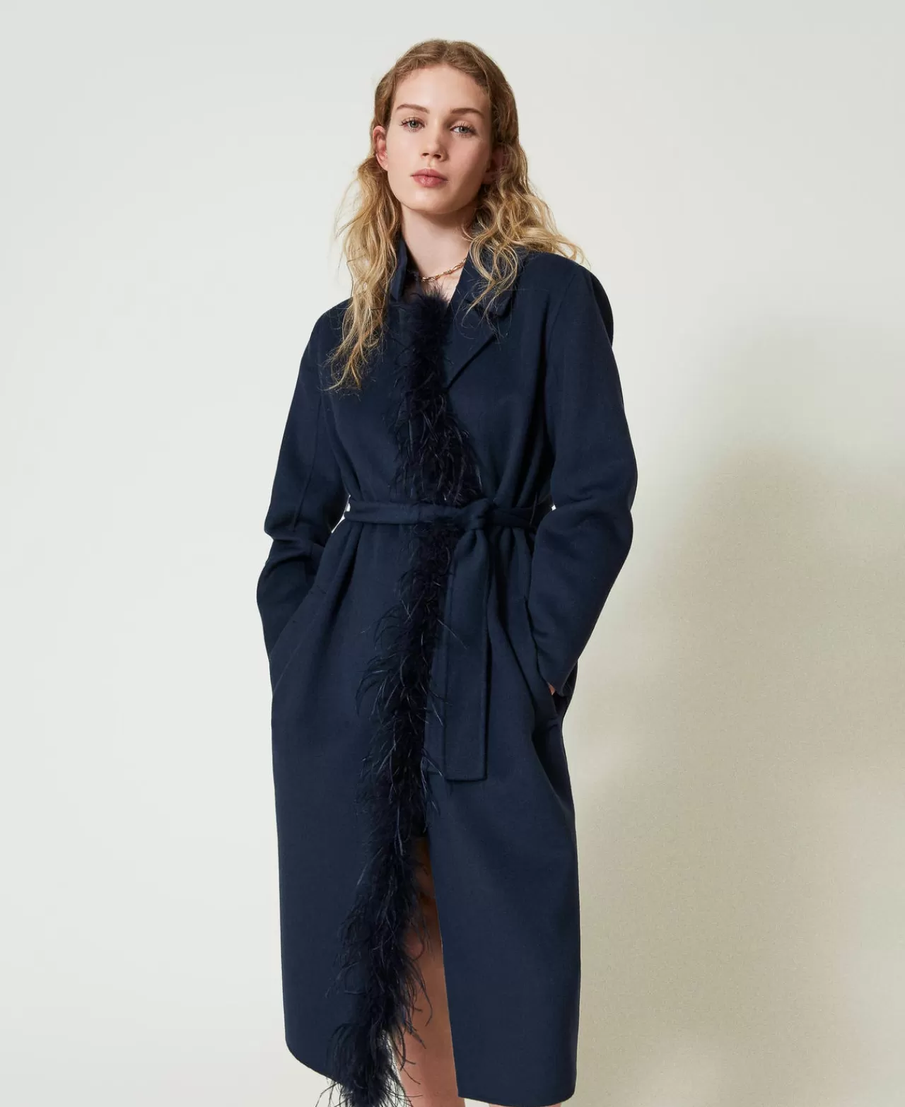 Cappotti E Trench | TWINSET Milano Cappotto In Panno Double Misto Lana Con Piume Indaco