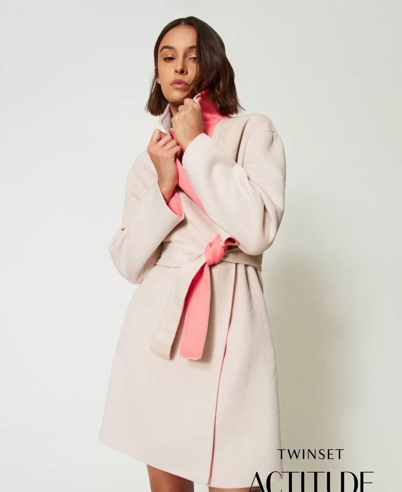 Cappotti E Trench | TWINSET Milano Cappotto Reversibile MYFO In Panno Misto Lana Bicolor Fog / Corallo Fluo