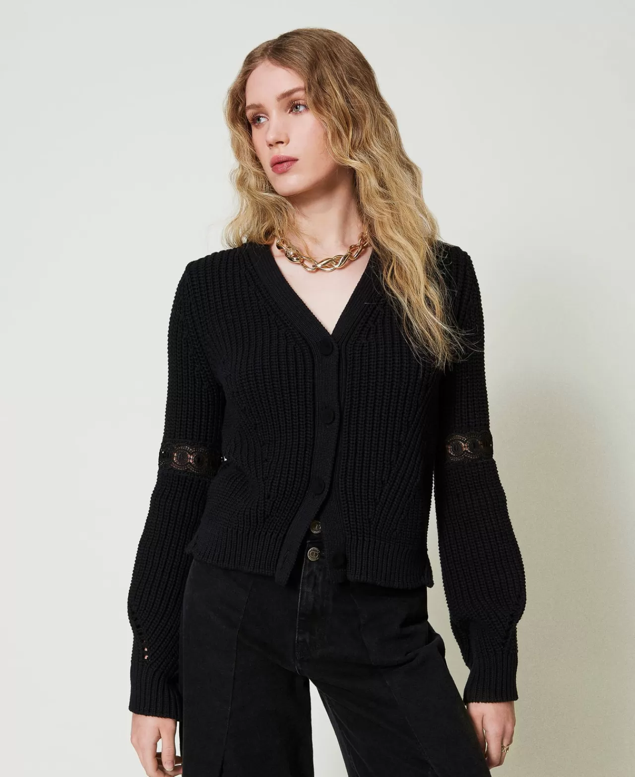 Maglie E Cardigan | TWINSET Milano Cardigan A Costine Con Pizzo Nero