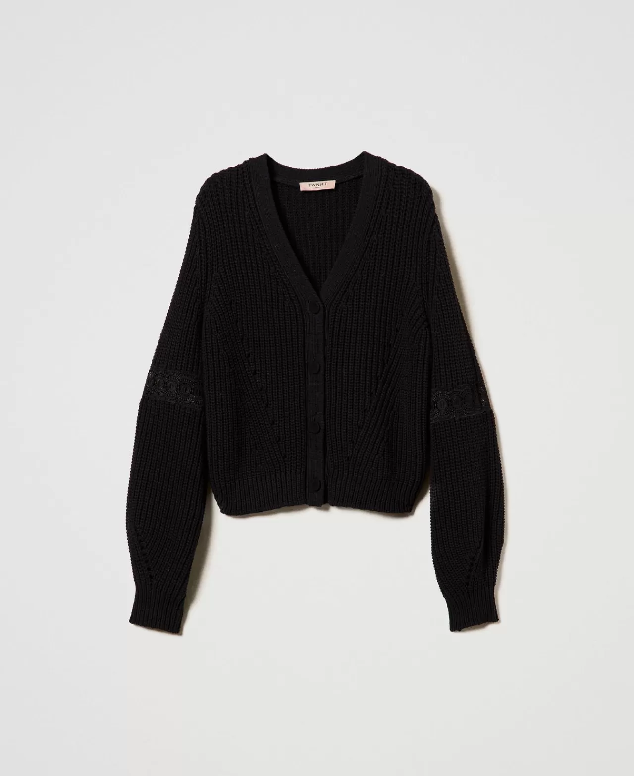 Maglie E Cardigan | TWINSET Milano Cardigan A Costine Con Pizzo Nero