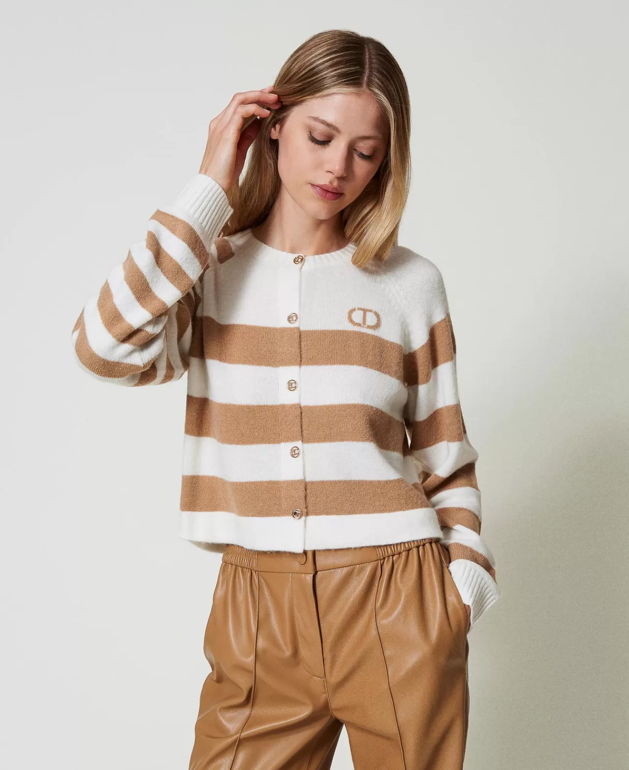 Maglie E Cardigan | TWINSET Milano Cardigan A Righe Bicolore Bicolor Bianco Neve / Marrone "Sandy Brown"