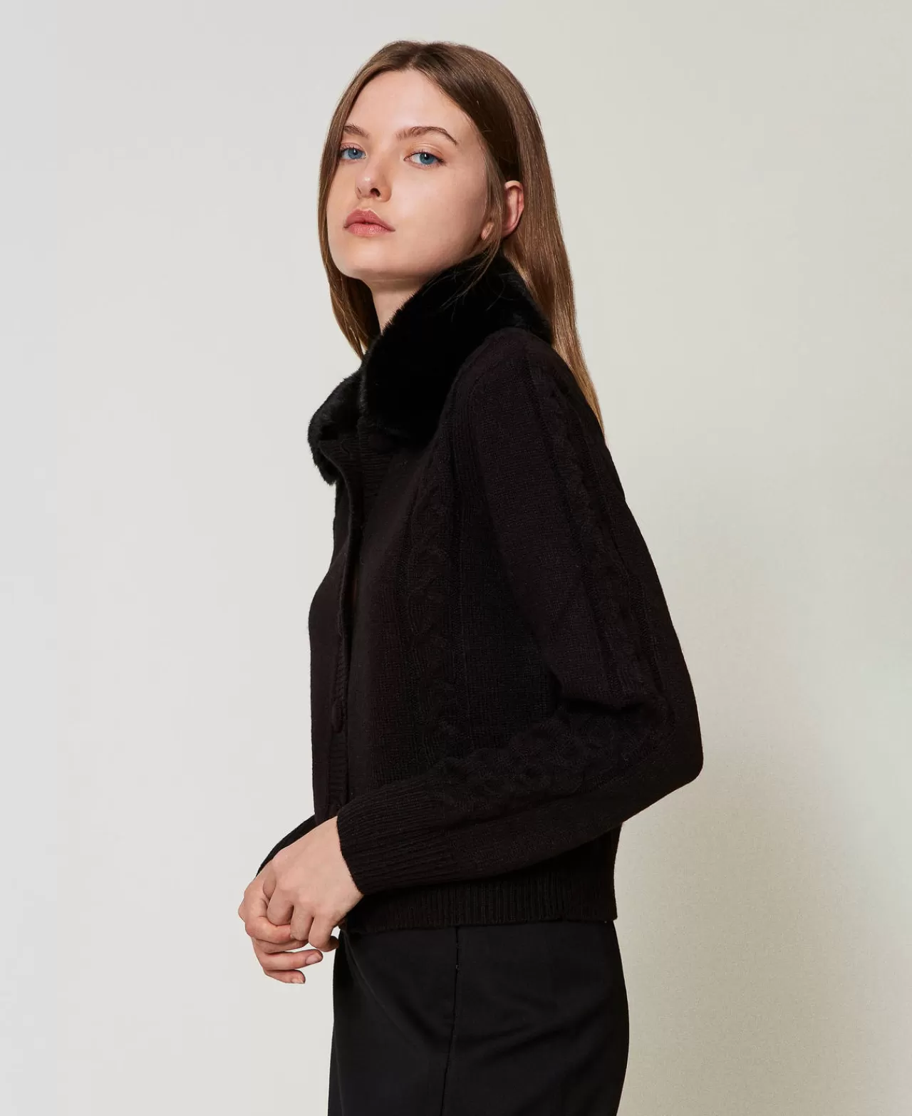 Maglie E Cardigan | TWINSET Milano Cardigan Corto Con Collo In Faux Fur Nero