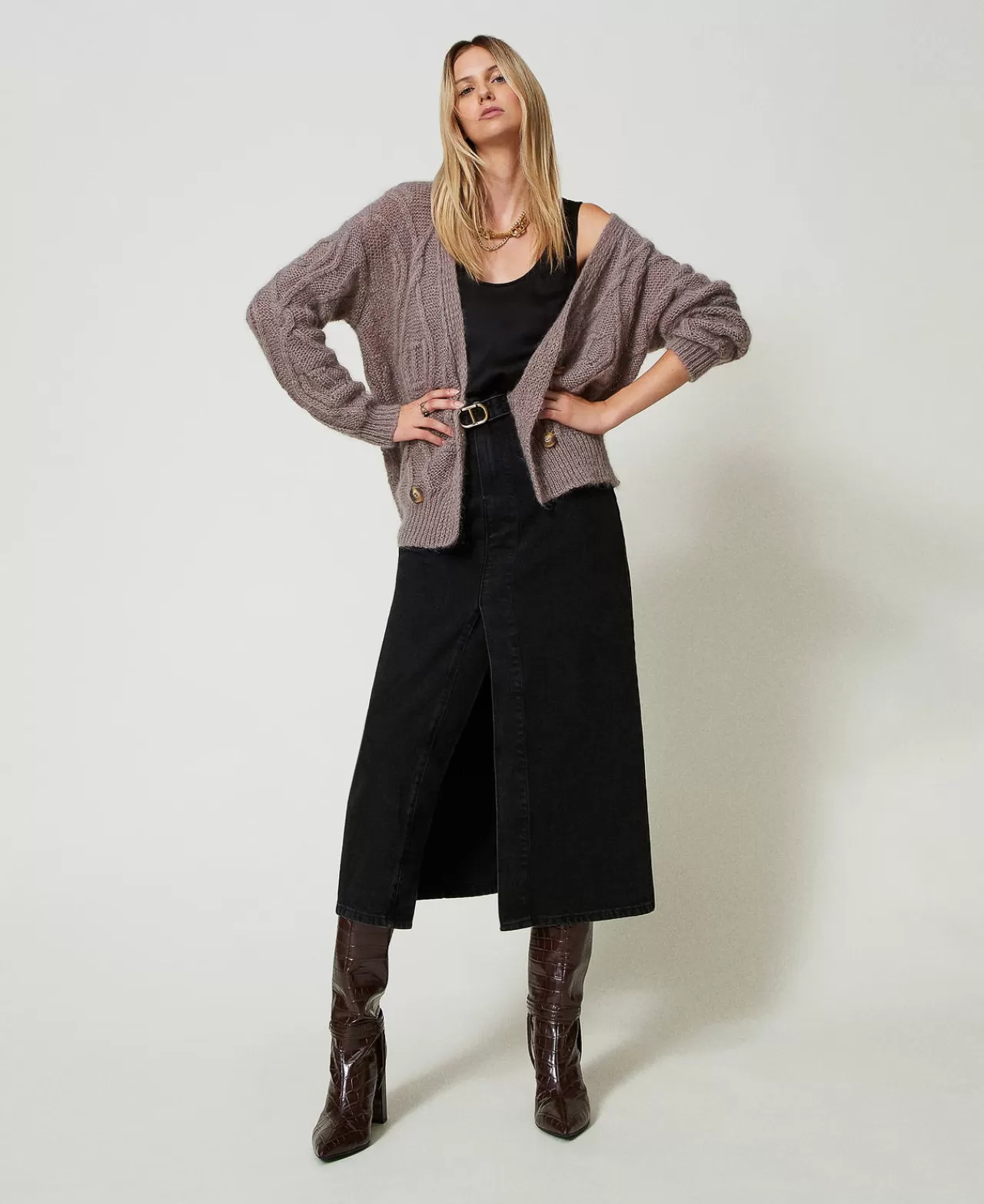 Maglie E Cardigan | TWINSET Milano Cardigan Doppiopetto In Misto Mohair Dark Taupe