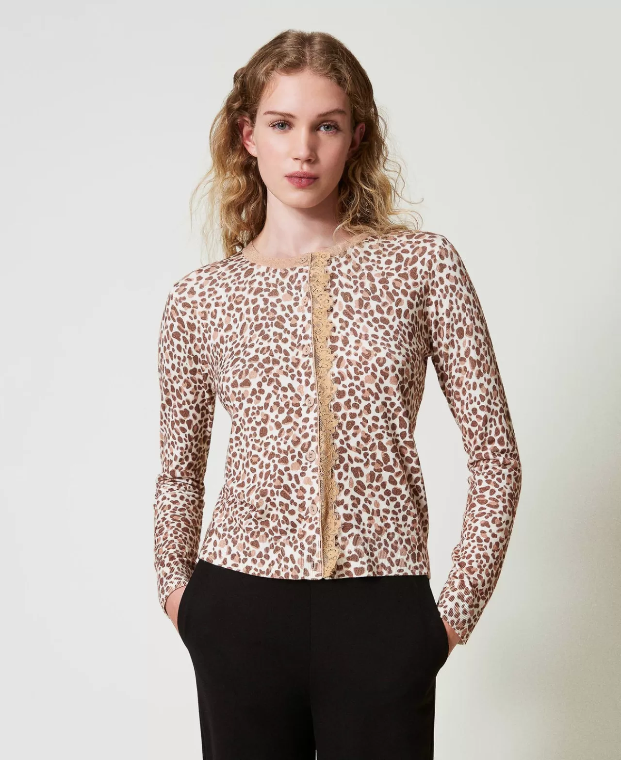 Maglie E Cardigan | TWINSET Milano Cardigan In Maglia Con Stampa E Pizzo Multicolor Stampa Animalier