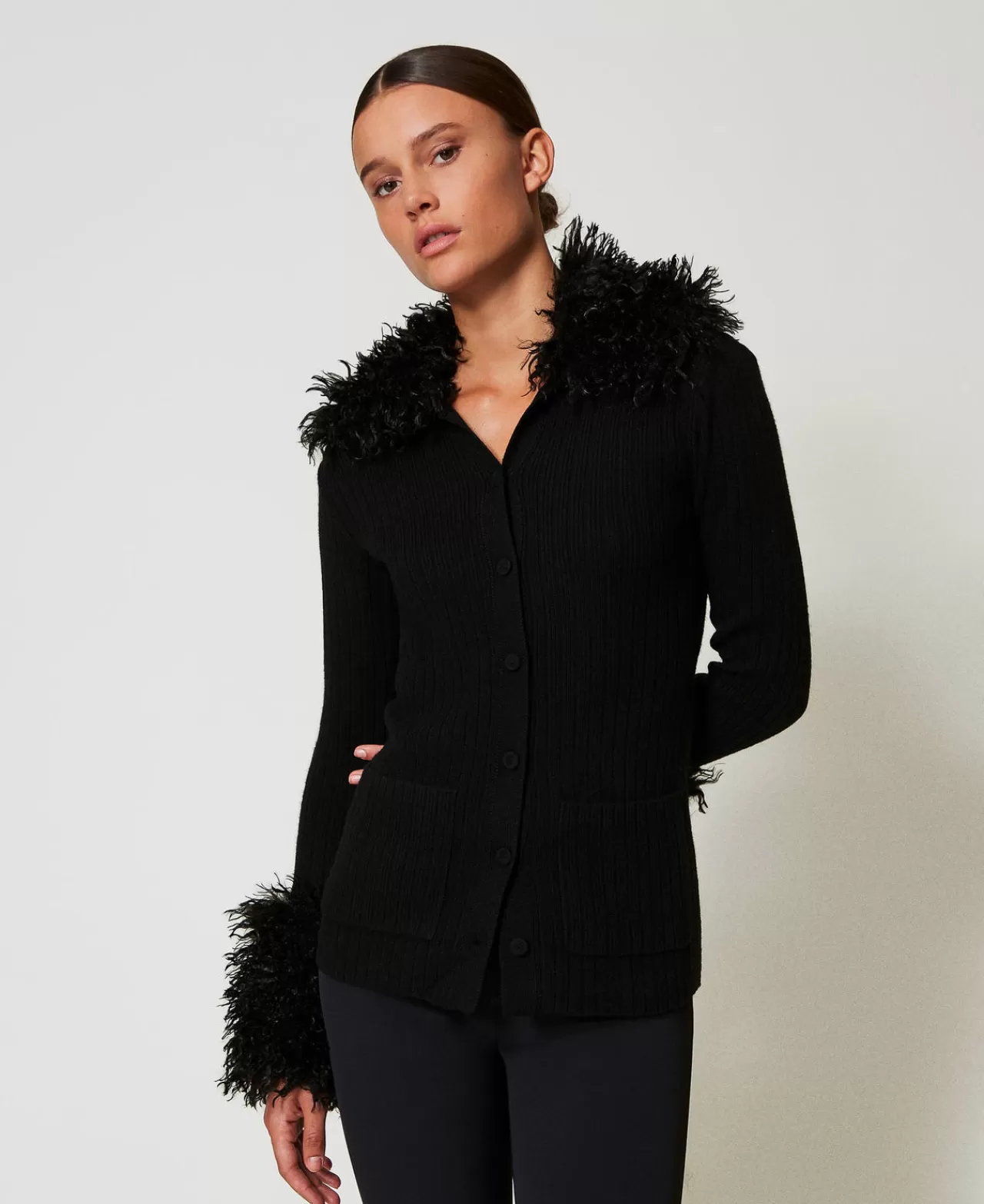 Maglie E Cardigan | TWINSET Milano Cardigan In Misto Lana E Faux Fur Nero