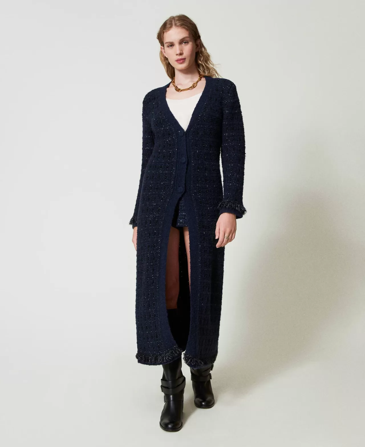 Cappotti E Trench | Maglie E Cardigan | TWINSET Milano Cardigan Lungo Jacquard Check Jacquard Check Classic Blue Chiaro