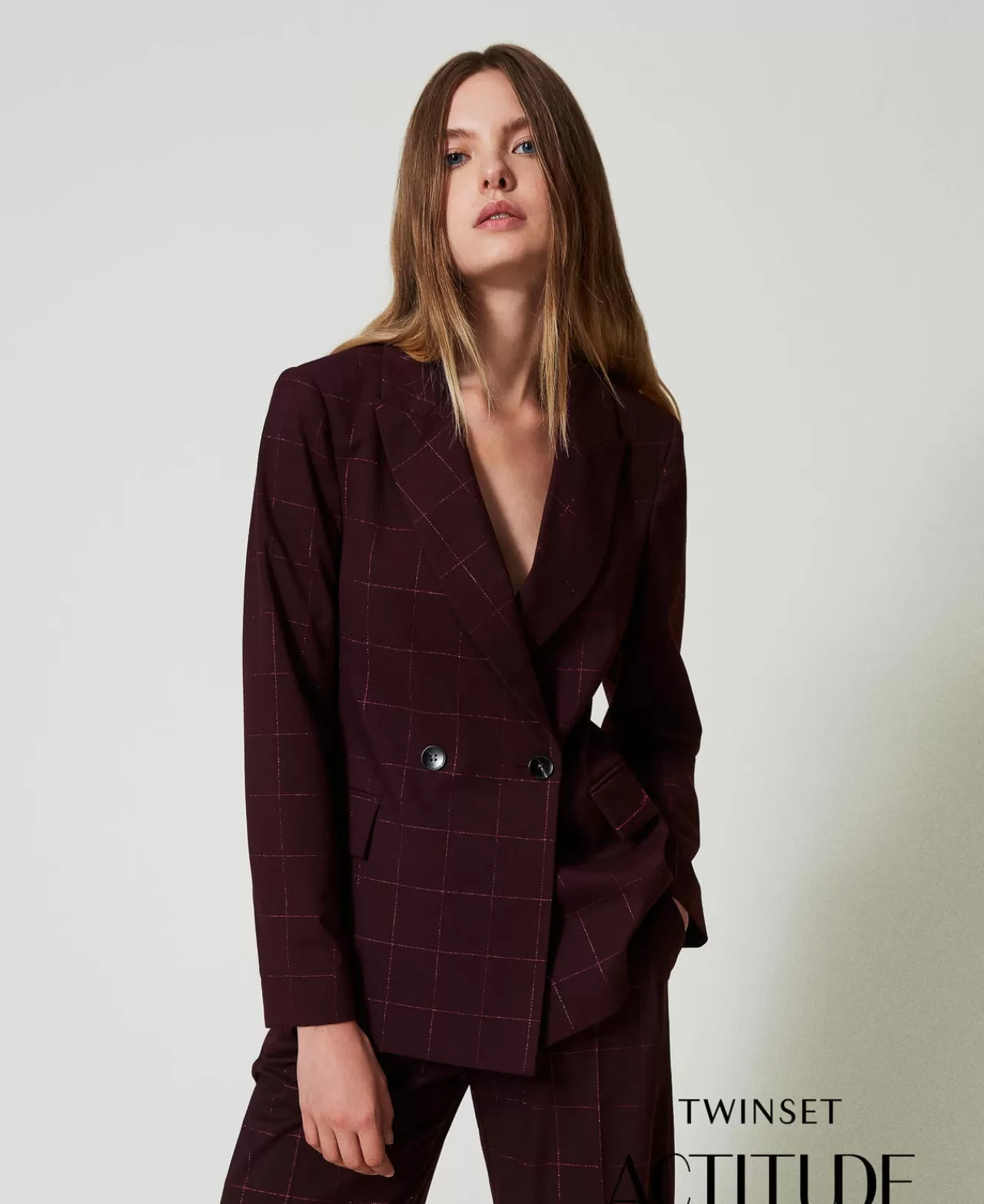 Giacche E Piumini | Blazer | TWINSET Milano Giacca Blazer Check Con Lurex Potent Purple