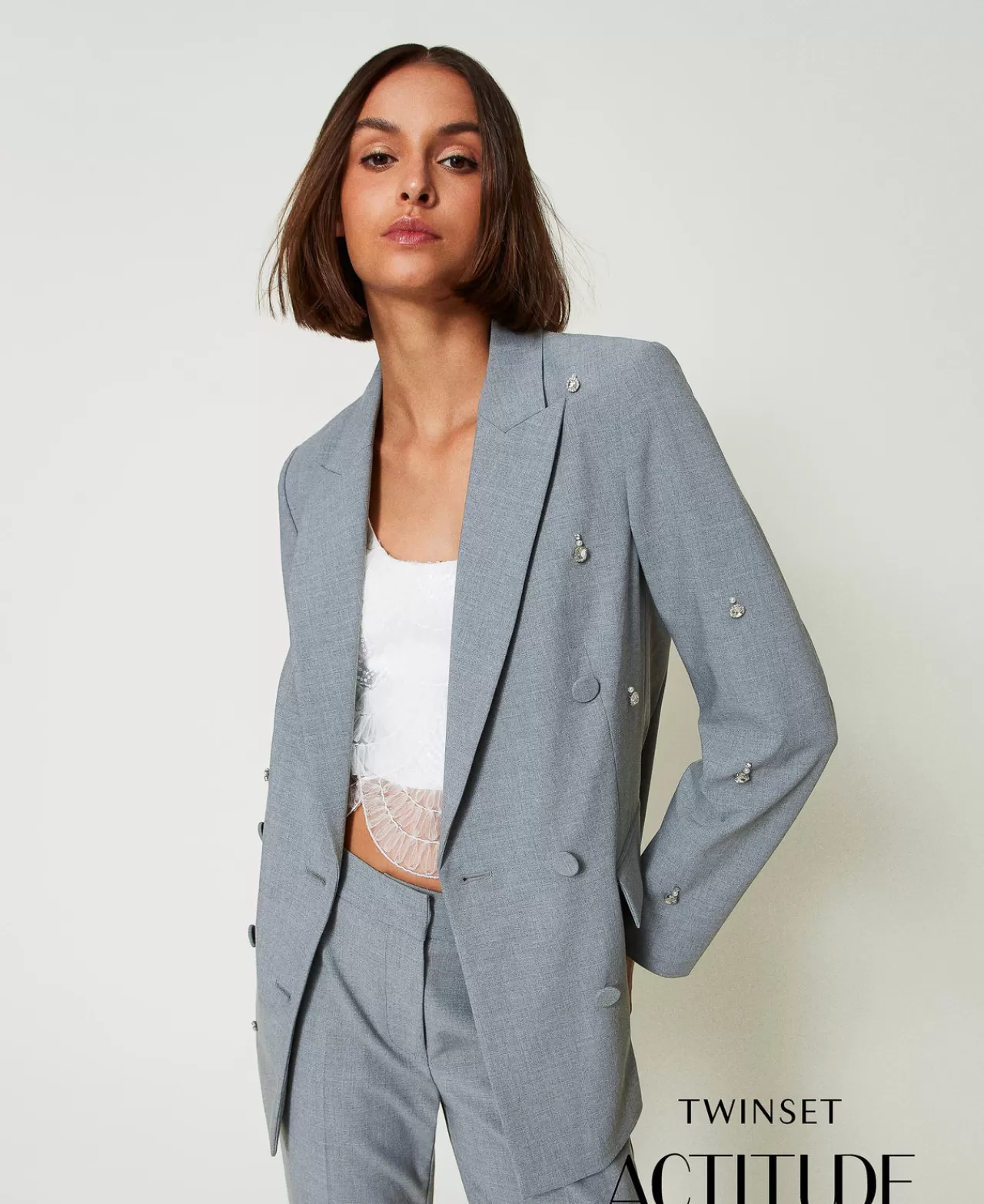 Giacche E Piumini | Blazer | TWINSET Milano Giacca Blazer Con Ricami A Mano Grigio Melange