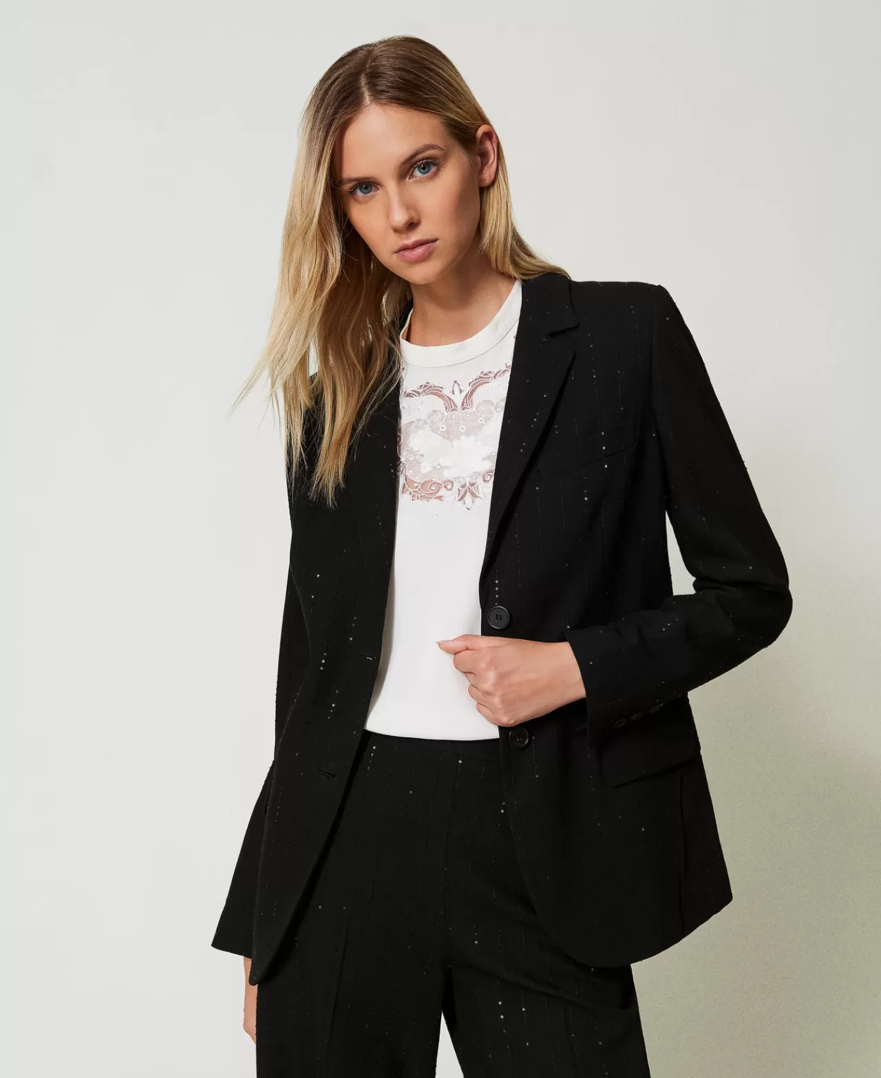 Giacche E Piumini | Blazer | TWINSET Milano Giacca Blazer In Panno Con Paillettes Nero