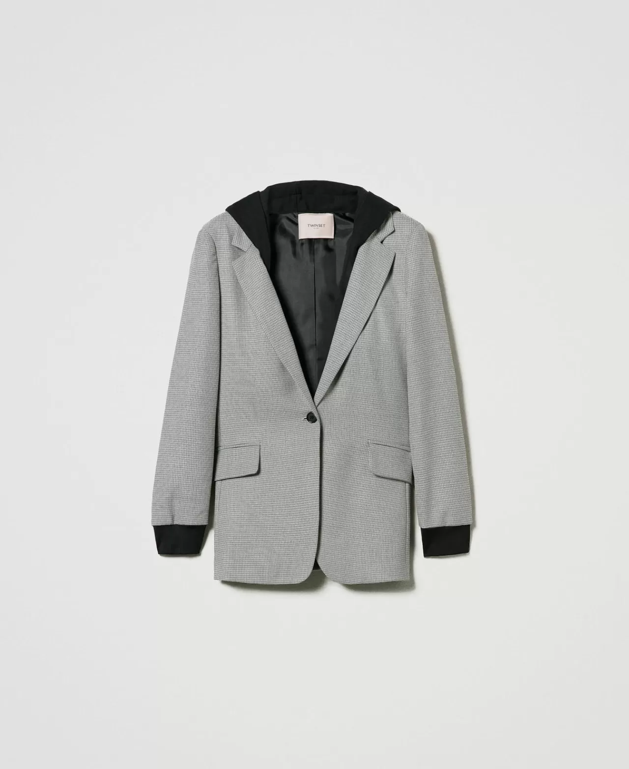 Giacche E Piumini | Blazer | TWINSET Milano Giacca Blazer In Pied De Poule Con Cappuccio Micro Pied De Poule Nero / Bianco Neve