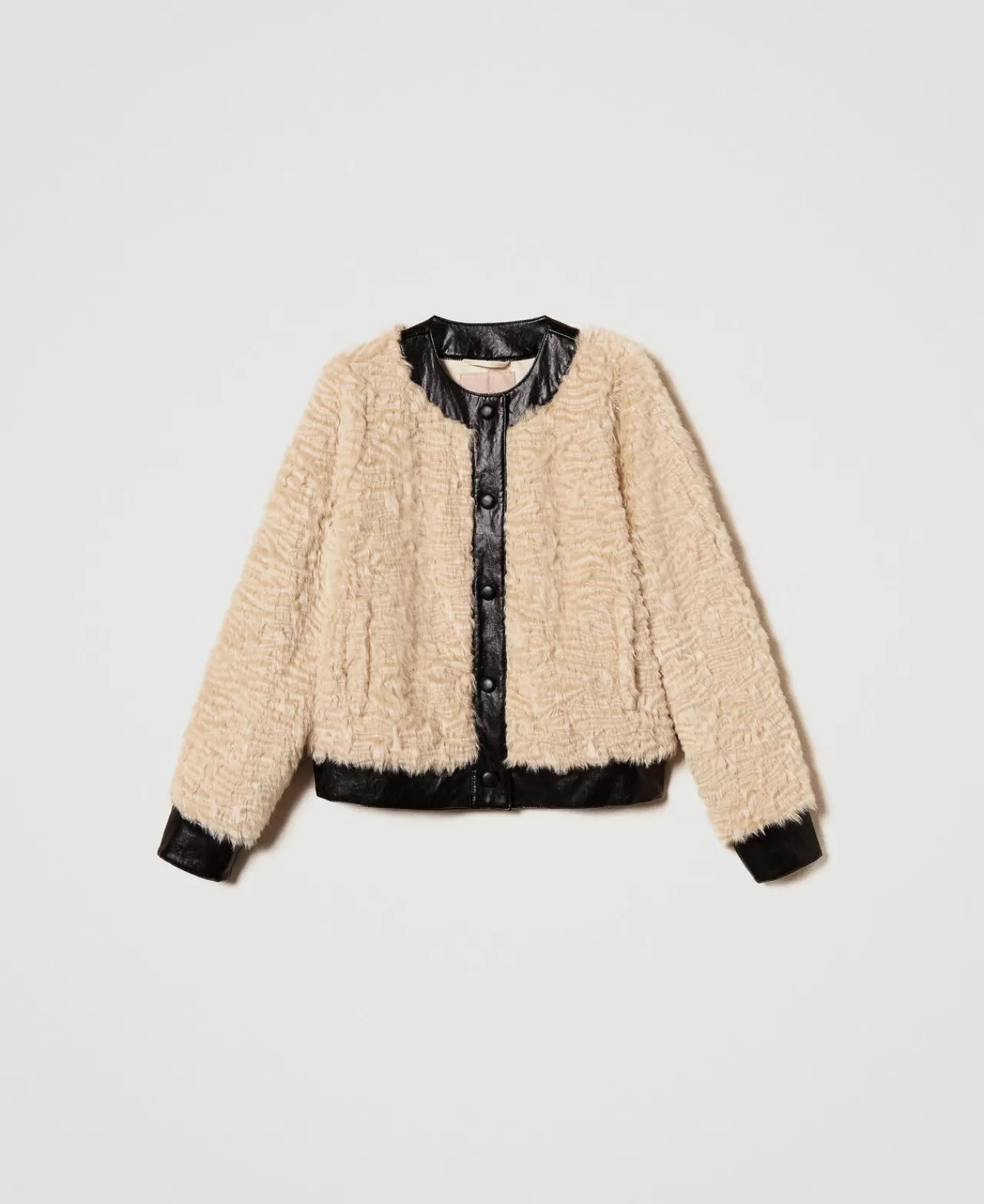 Giacche E Piumini | TWINSET Milano Giacca Boxy In Faux Fur Bicolor Avorio / Nero