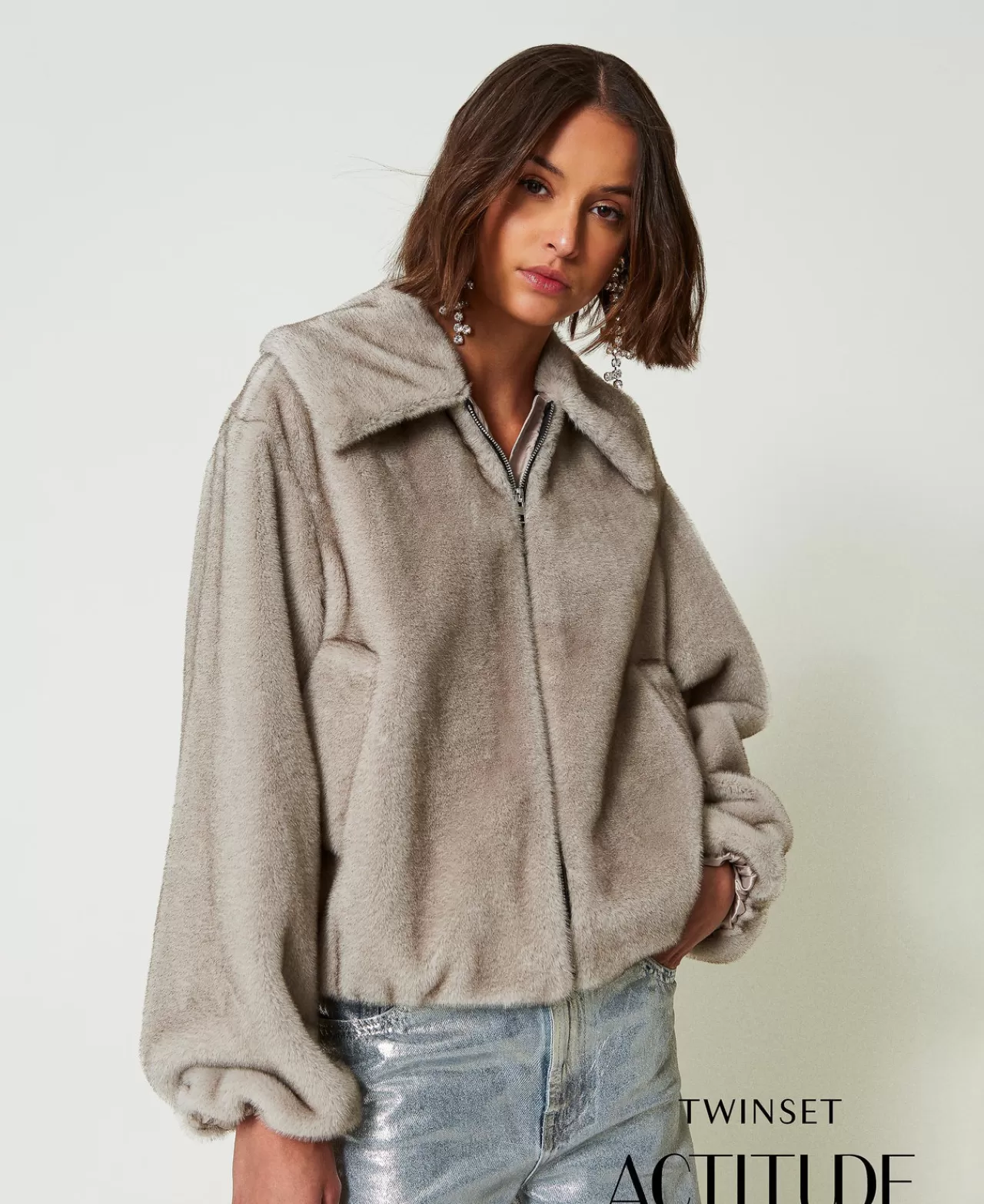 Giacche E Piumini | TWINSET Milano Giacca Corta In Faux Fur Grigio Fumè