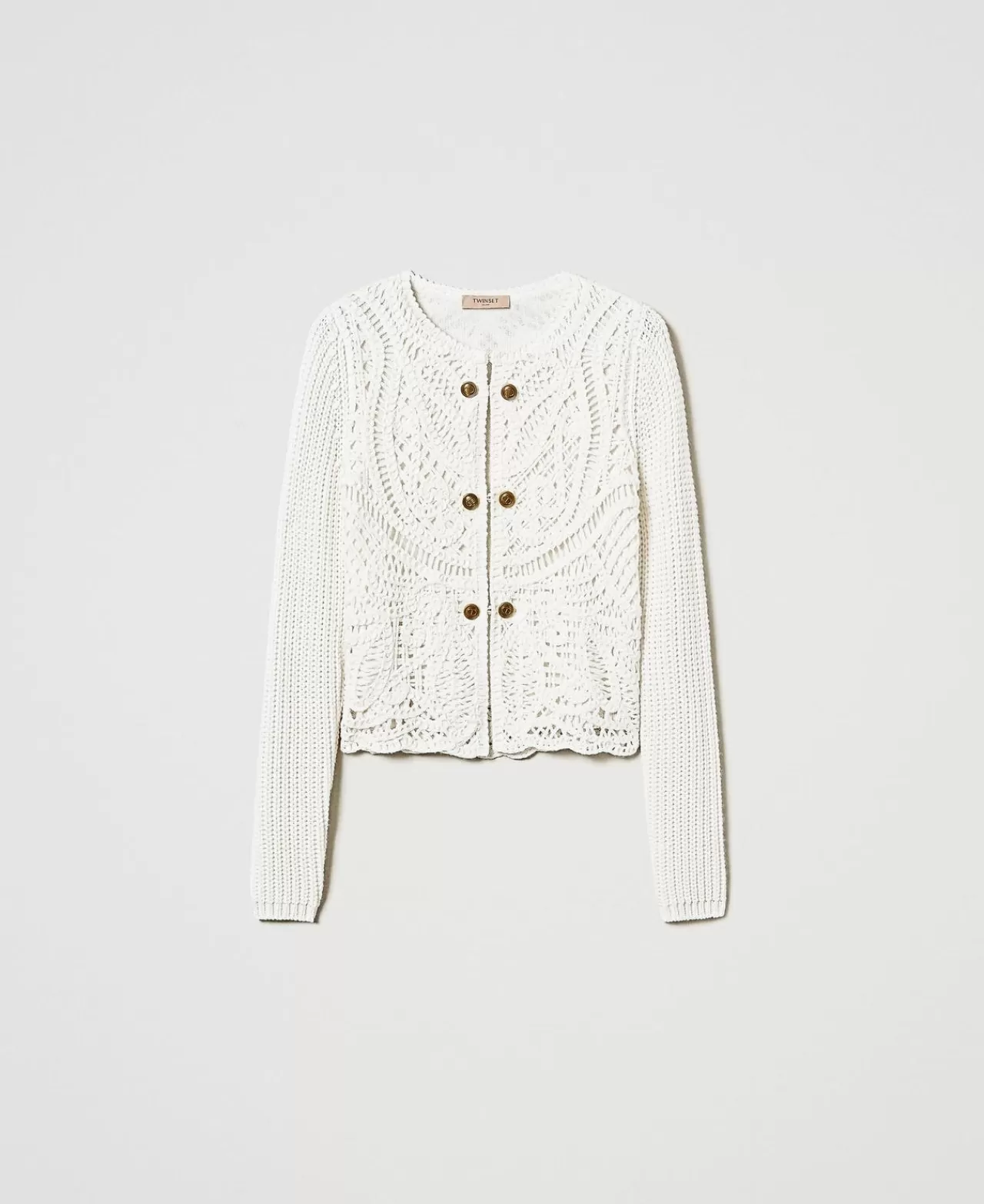 Giacche E Piumini | Blazer | TWINSET Milano Giacca In Maglia Misto Lana Crochet Bianco Neve