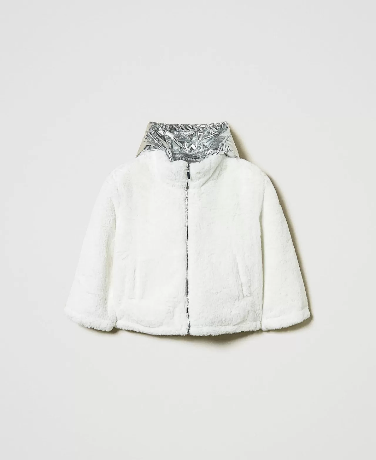 Giacche E Capispalla | TWINSET Milano Giacca Reversibile In Faux Fur Bicolor Off White / Silver Metallizzato