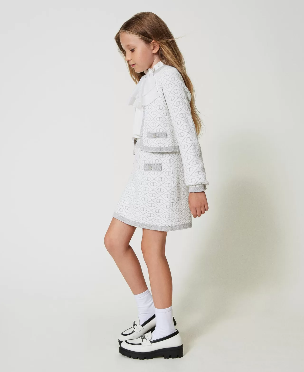 Gonne | TWINSET Milano Gonna Corta In Maglia Jacquard Con Oval T Bicolor Off White / Silver Metallizzato