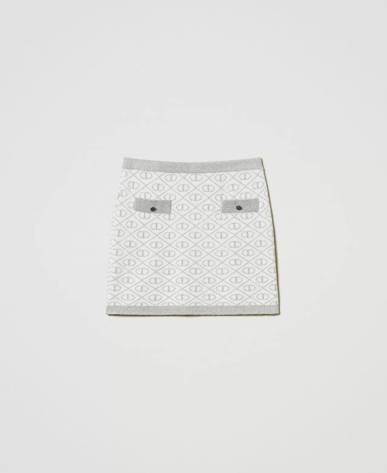 Gonne | TWINSET Milano Gonna Corta In Maglia Jacquard Con Oval T Bicolor Off White / Silver Metallizzato
