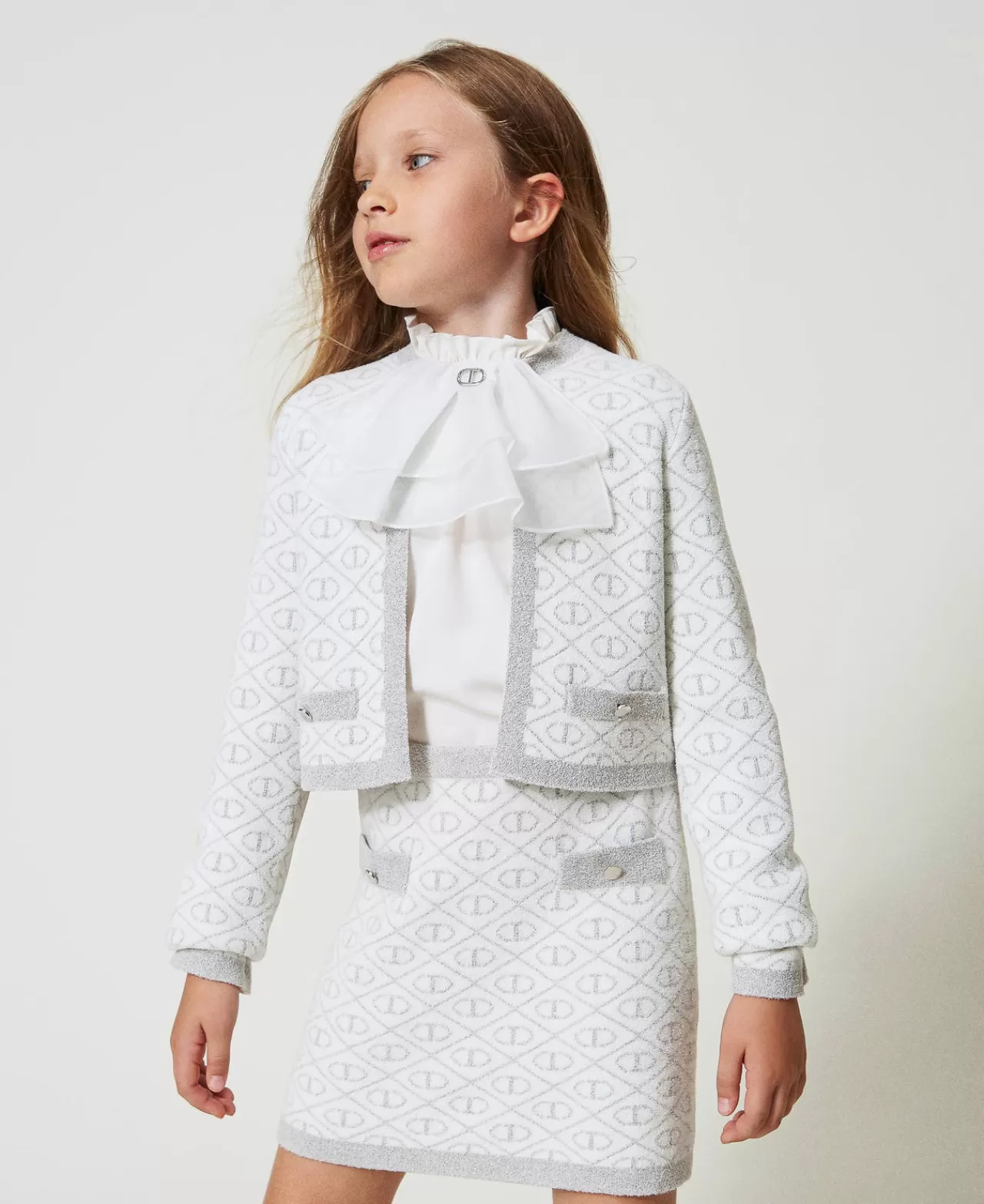 Gonne | TWINSET Milano Gonna Corta In Maglia Jacquard Con Oval T Bicolor Off White / Silver Metallizzato
