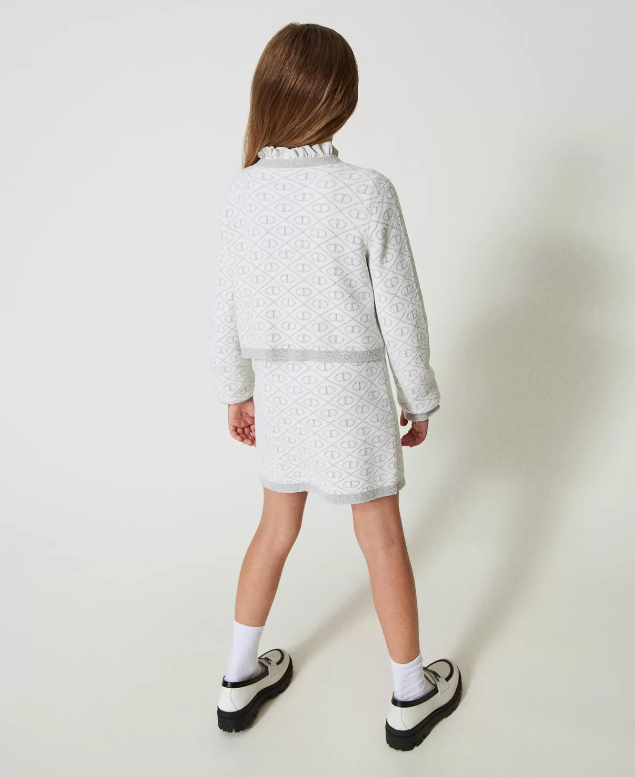 Gonne | TWINSET Milano Gonna Corta In Maglia Jacquard Con Oval T Bicolor Off White / Silver Metallizzato