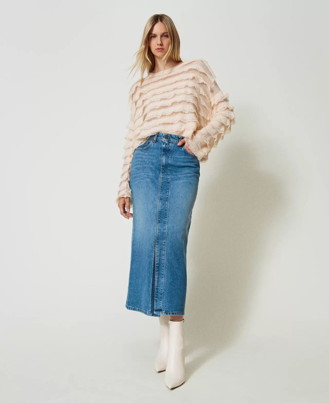 Gonne | TWINSET Milano Gonna Longuette In Jeans Con Spacco Denim