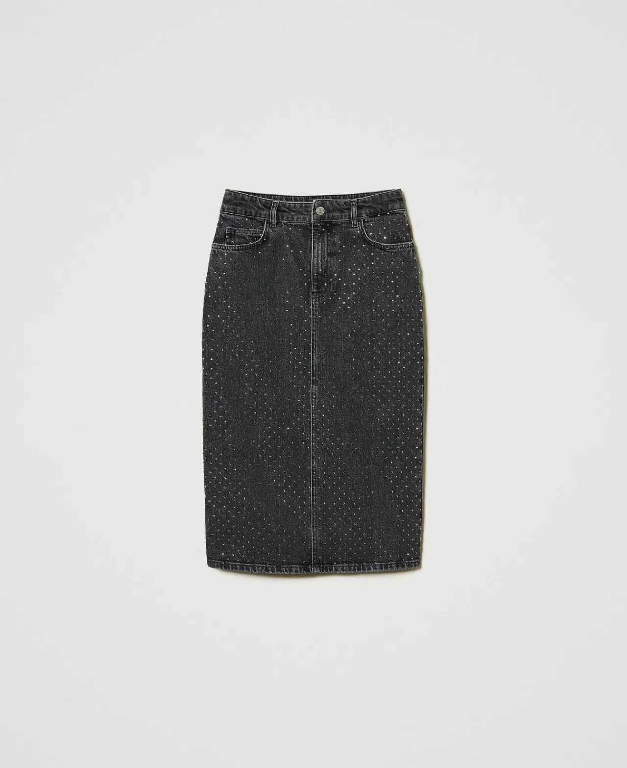 Gonne | TWINSET Milano Gonna Longuette In Jeans Con Strass Denim Nero