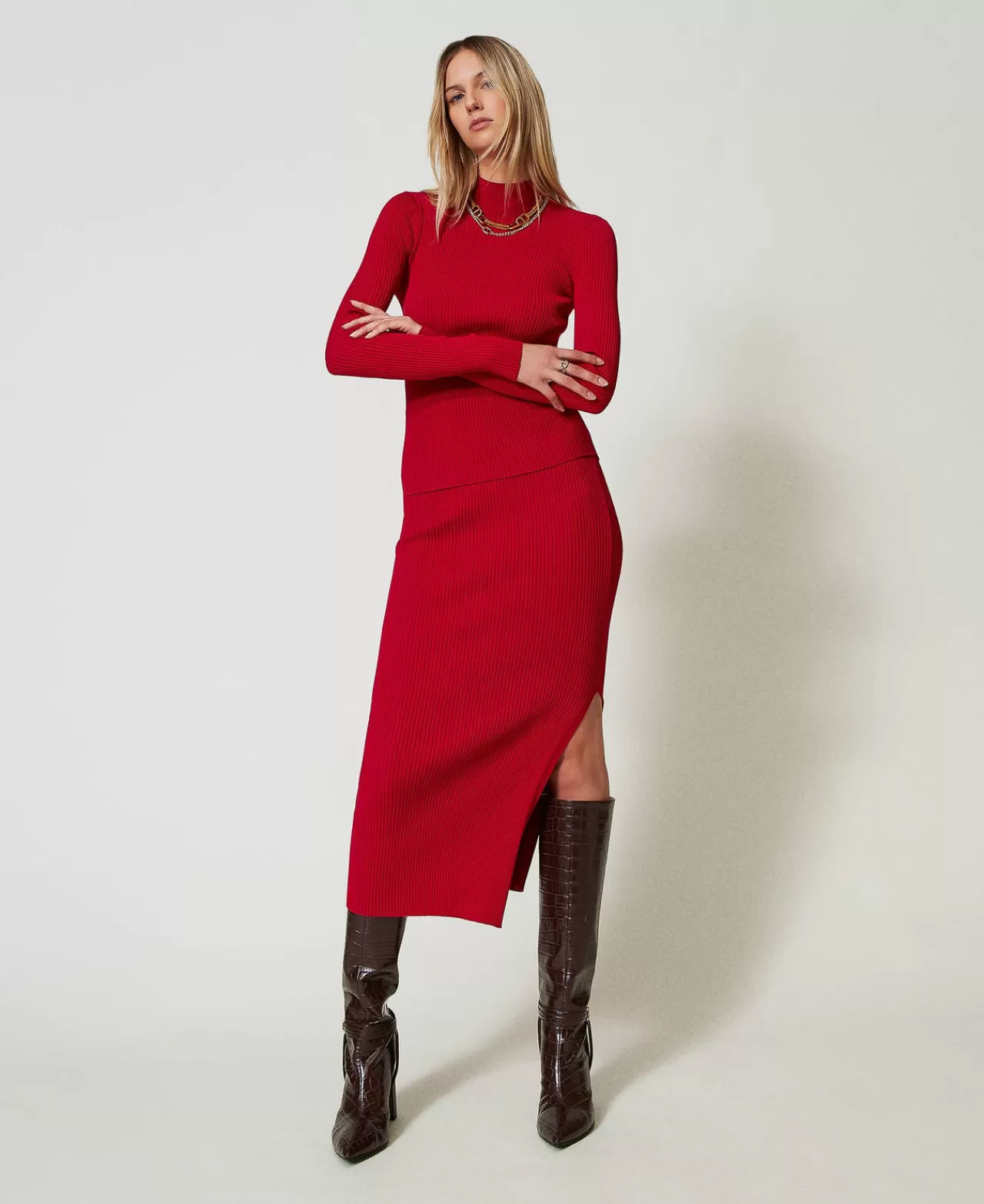 Gonne | TWINSET Milano Gonna Longuette In Maglia A Costine Rosso Veneziano