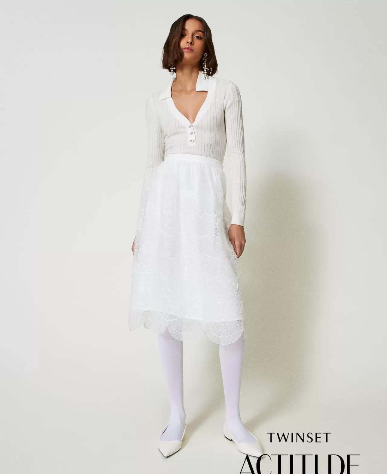 Gonne | TWINSET Milano Gonna Longuette In Organza Con Ricami Panna White