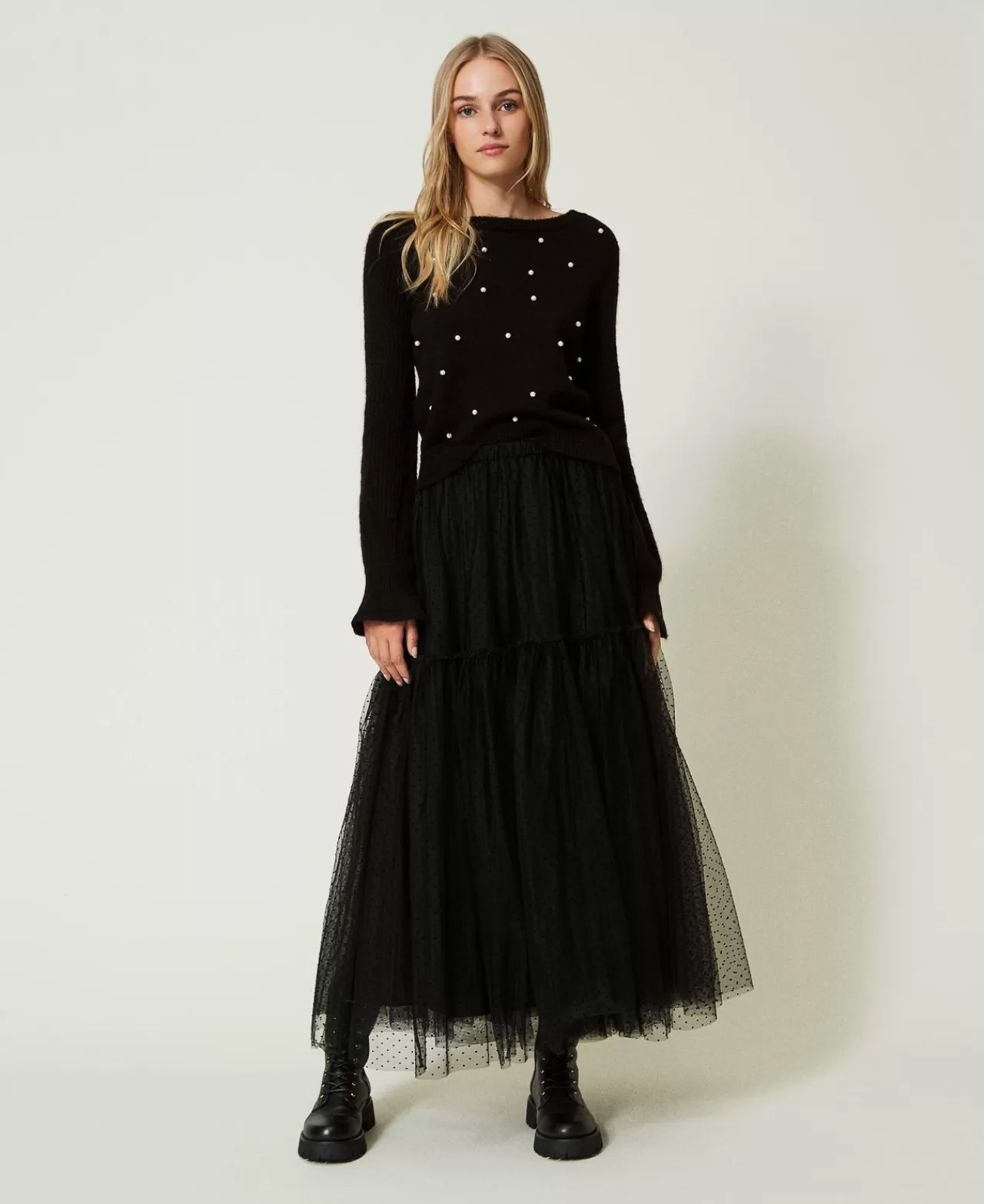 Gonne | TWINSET Milano Gonna Lunga In Tulle Plumetis Nero