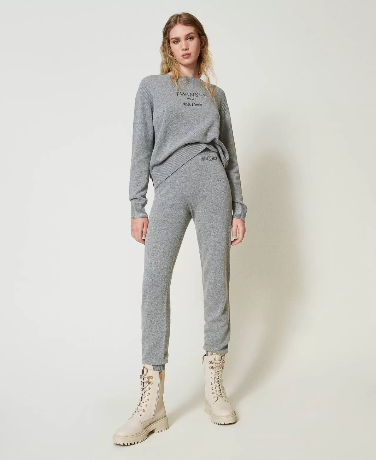 Pantaloni Jogging | TWINSET Milano Joggers In Maglia Misto Lana Con Logo Ricamato Warm Melange Gray