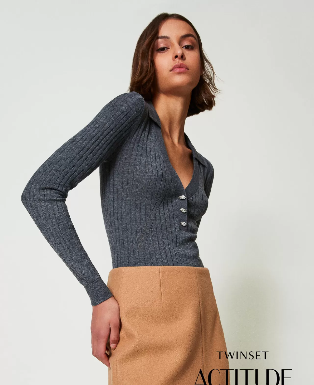 Maglie E Cardigan | TWINSET Milano Maglia A Coste Con Ricamo Grigio Medio Melange