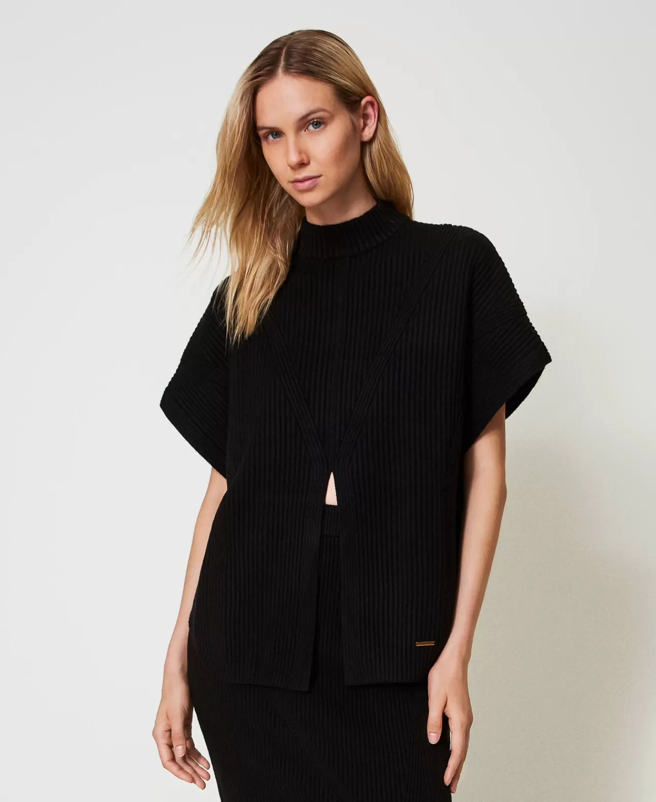 Poncho | TWINSET Milano Maglia A Poncho A Costine Nero