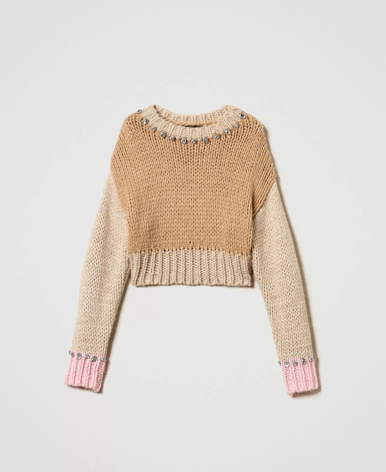 Maglie E Cardigan | TWINSET Milano Maglia Color Block Con Ricami A Mano Multicolor Marrone "Cinnamon" / White / Rosa "Pink Tulle"