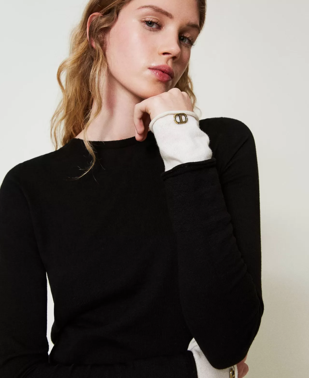 Maglie E Cardigan | TWINSET Milano Maglia Con Dettagli A Contrasto E Oval T Bicolor Nero / Bianco Neve