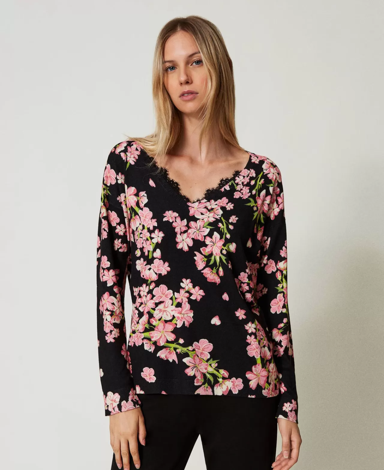 Maglie E Cardigan | TWINSET Milano Maglia Con Stampa A Fiori E Pizzo Multicolor Blooming