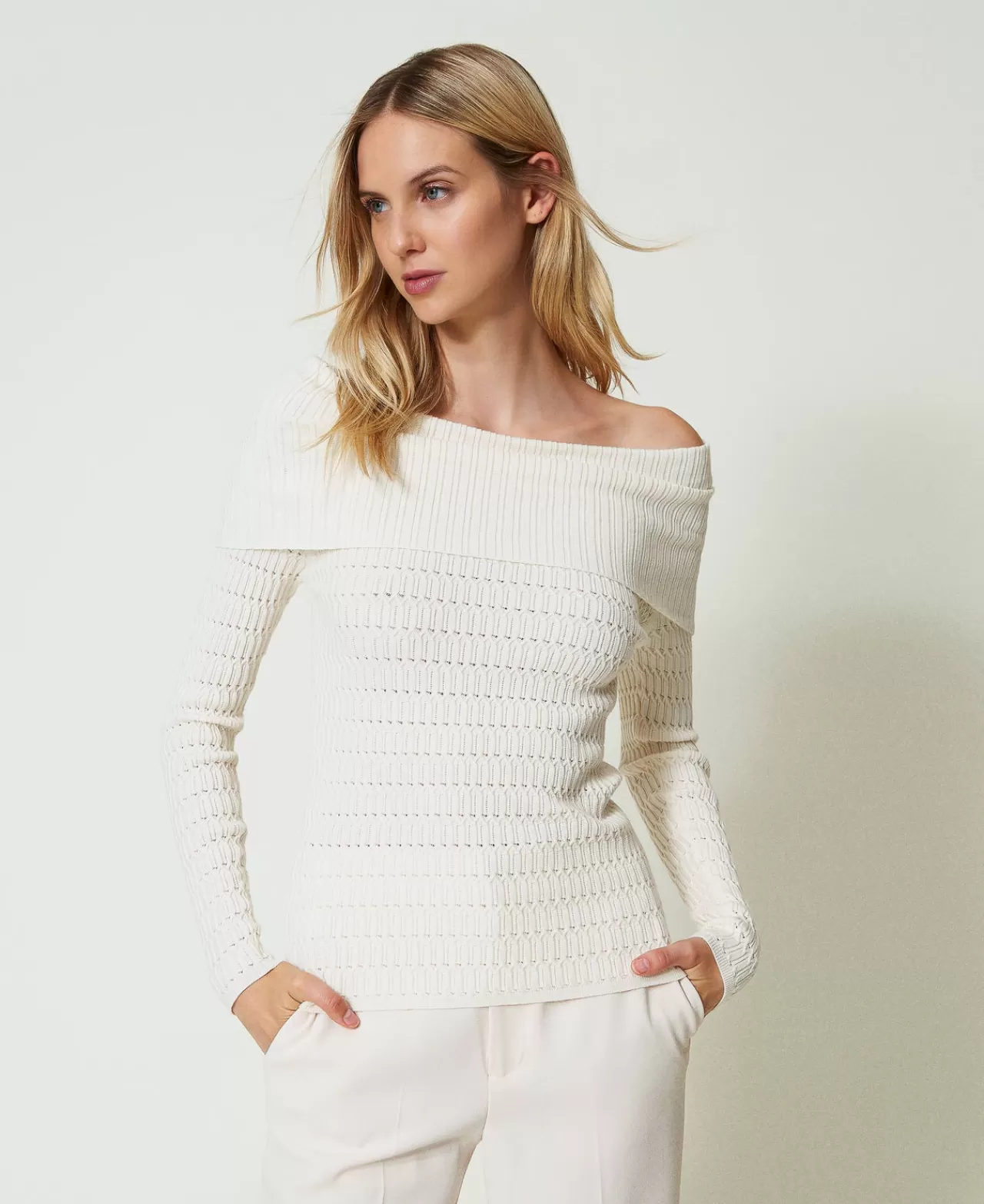 Maglie E Cardigan | TWINSET Milano Maglia Fitted Con Collo Off Shoulder Madreperla