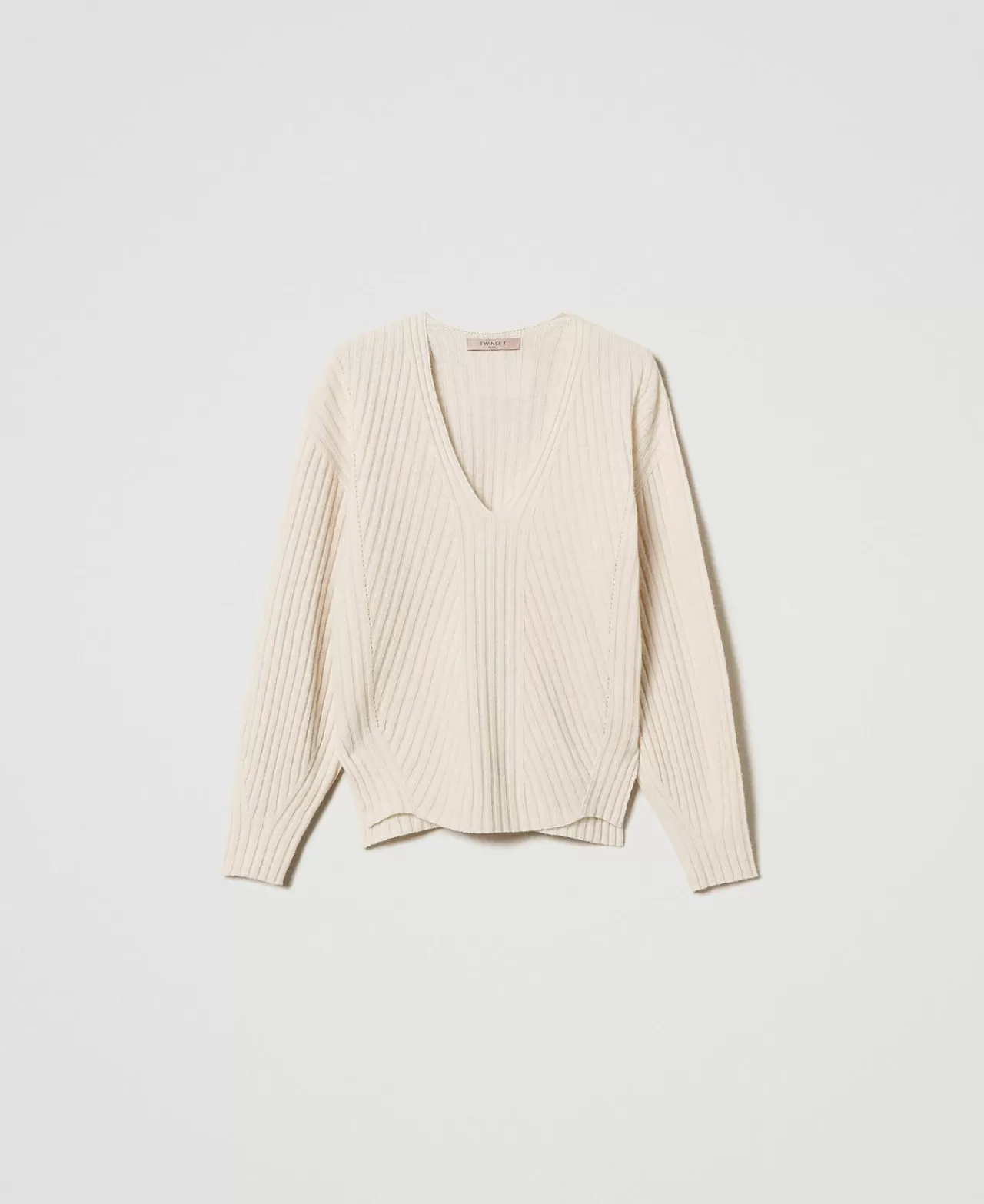 Maglie E Cardigan | TWINSET Milano Maglia In Lana E Cashmere A Costine Bianco Neve