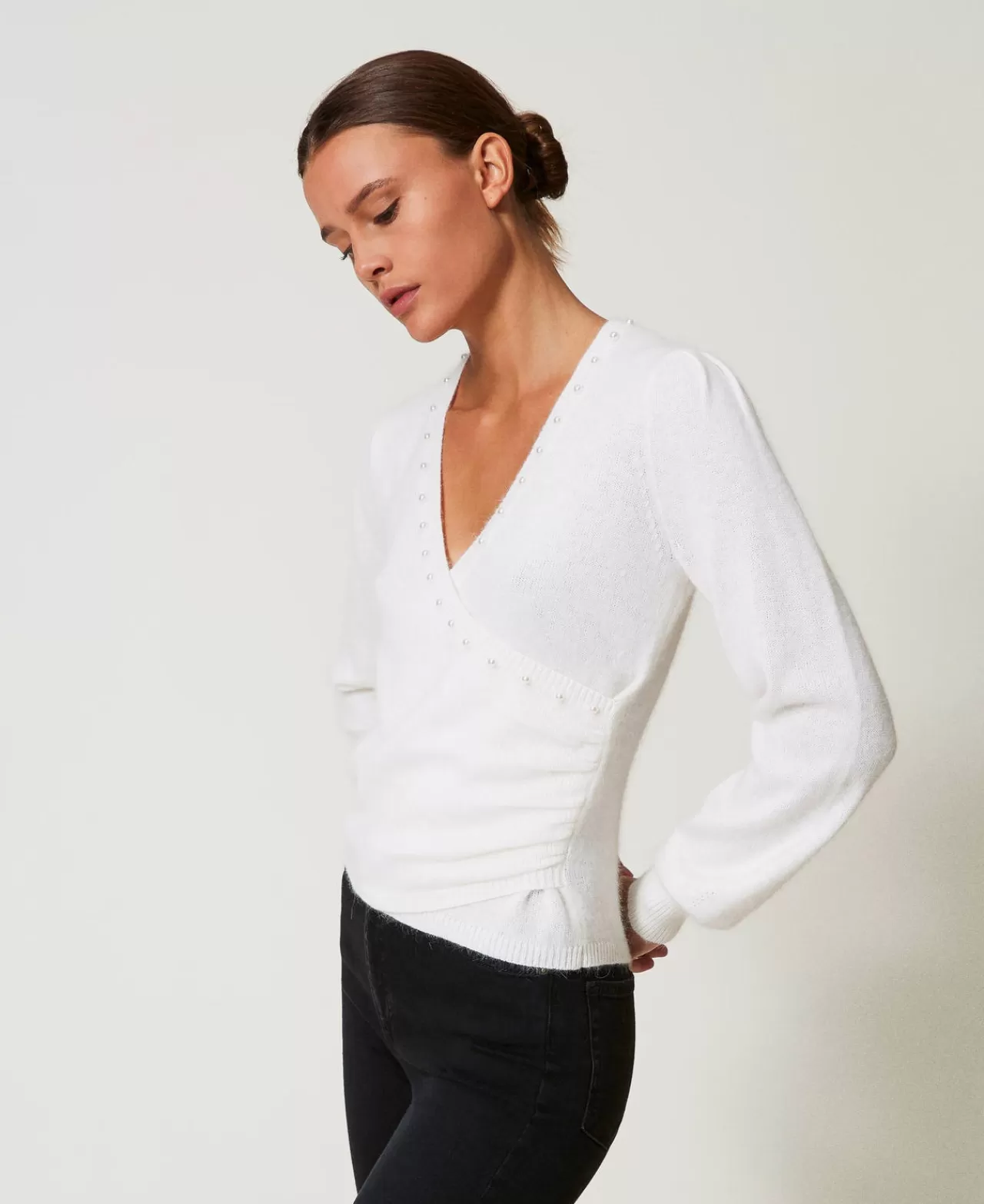 Maglie E Cardigan | TWINSET Milano Maglia In Misto Angora Con Perle Bianco Neve