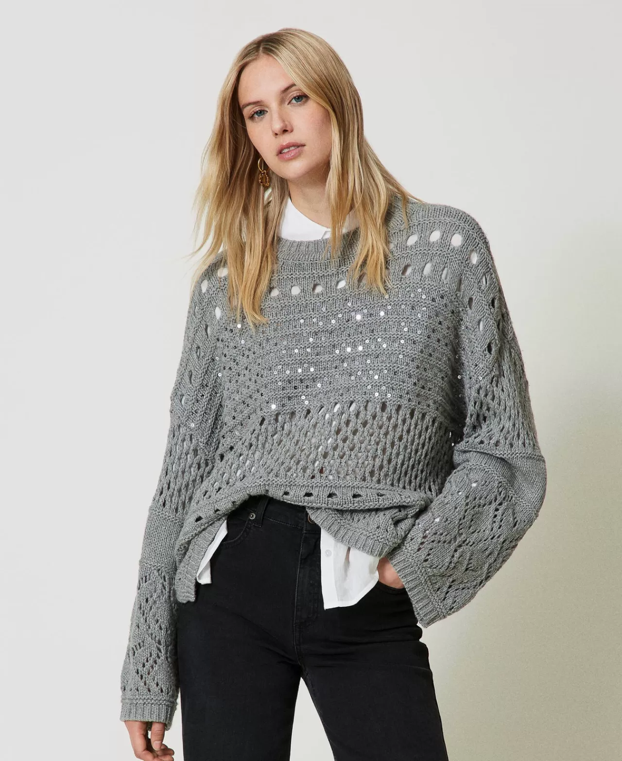 Maglie E Cardigan | TWINSET Milano Maglia In Misto Lana Con Paillettes Warm Melange Gray