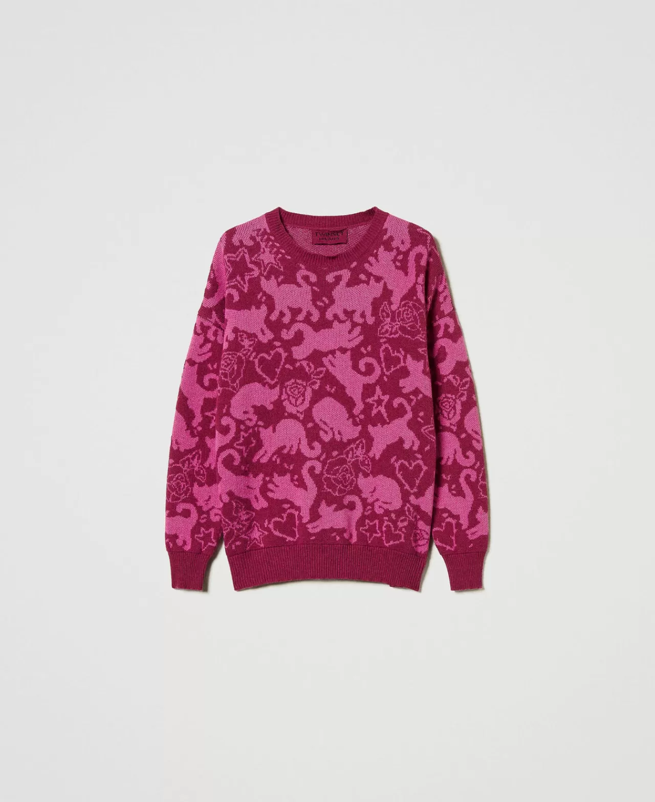 Maglie E Cardigan | TWINSET Milano Maglia Jacquard In Filato Treeblend Jacquard Cats Raspberry Radiance / Cone Flower