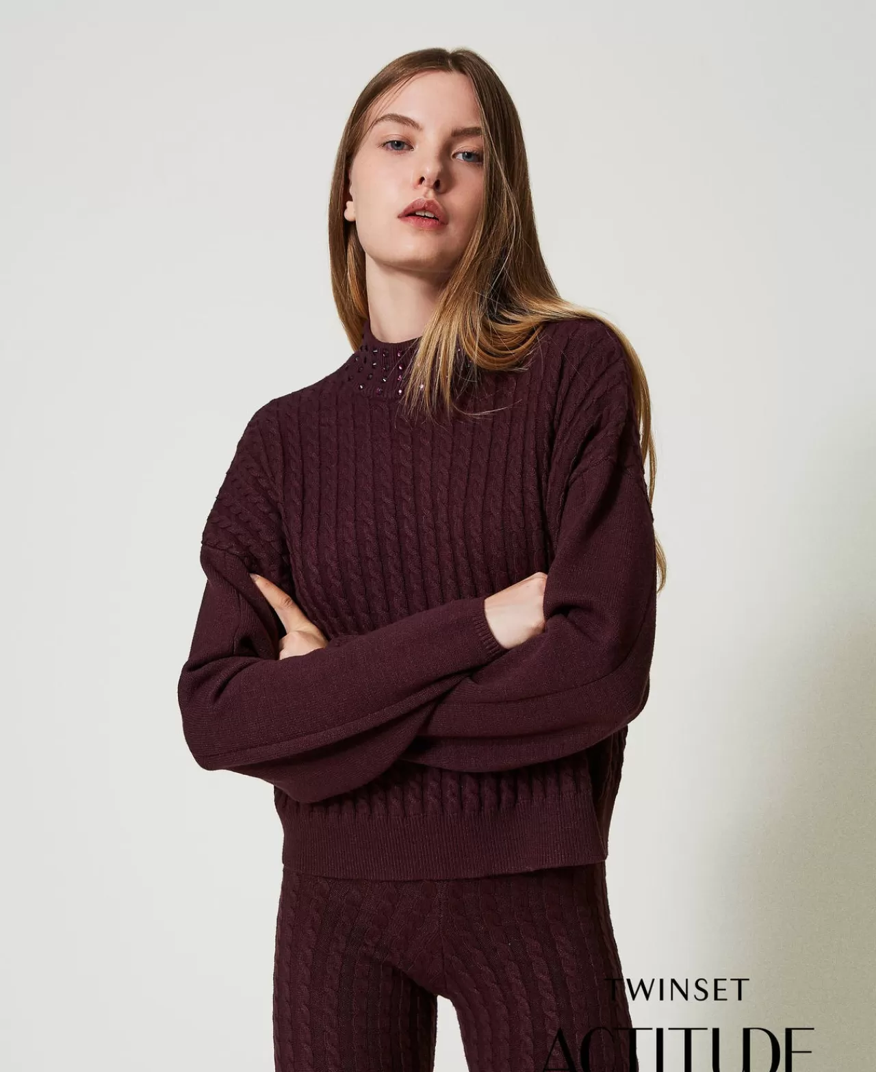 Maglie E Cardigan | TWINSET Milano Maglia Lupetto A Trecce Con Strass Potent Purple